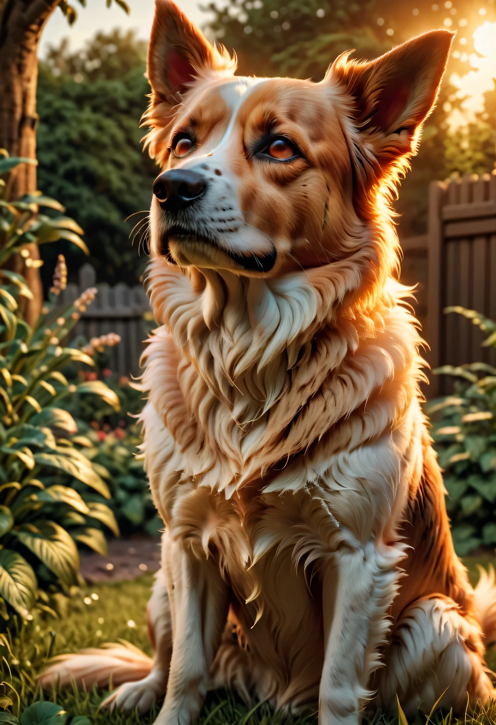 in 3D Render Style, In a serene garden bathed in the warm glow of the setting sun, (a faithful dog sits with tears in its eyes), (waiting for its master to return), The scene is rendered in a poignant, hyperrealistic style, capturing the dog's expressive pose and the subtle details of its tear-streaked fur with anatomical precision. 