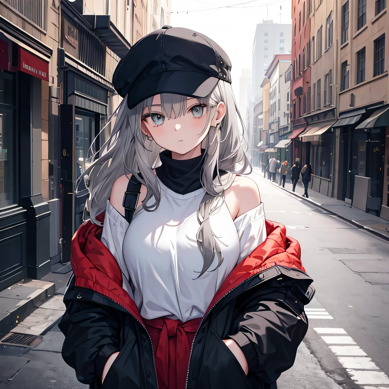 masterpiece,1 girl,alone,long hair,gray hair,Jacket,off shoulder:1.2, mob cap, street,put your hands on your hips, put one&#39;Hand in hand&#39;pocket of, big breasts