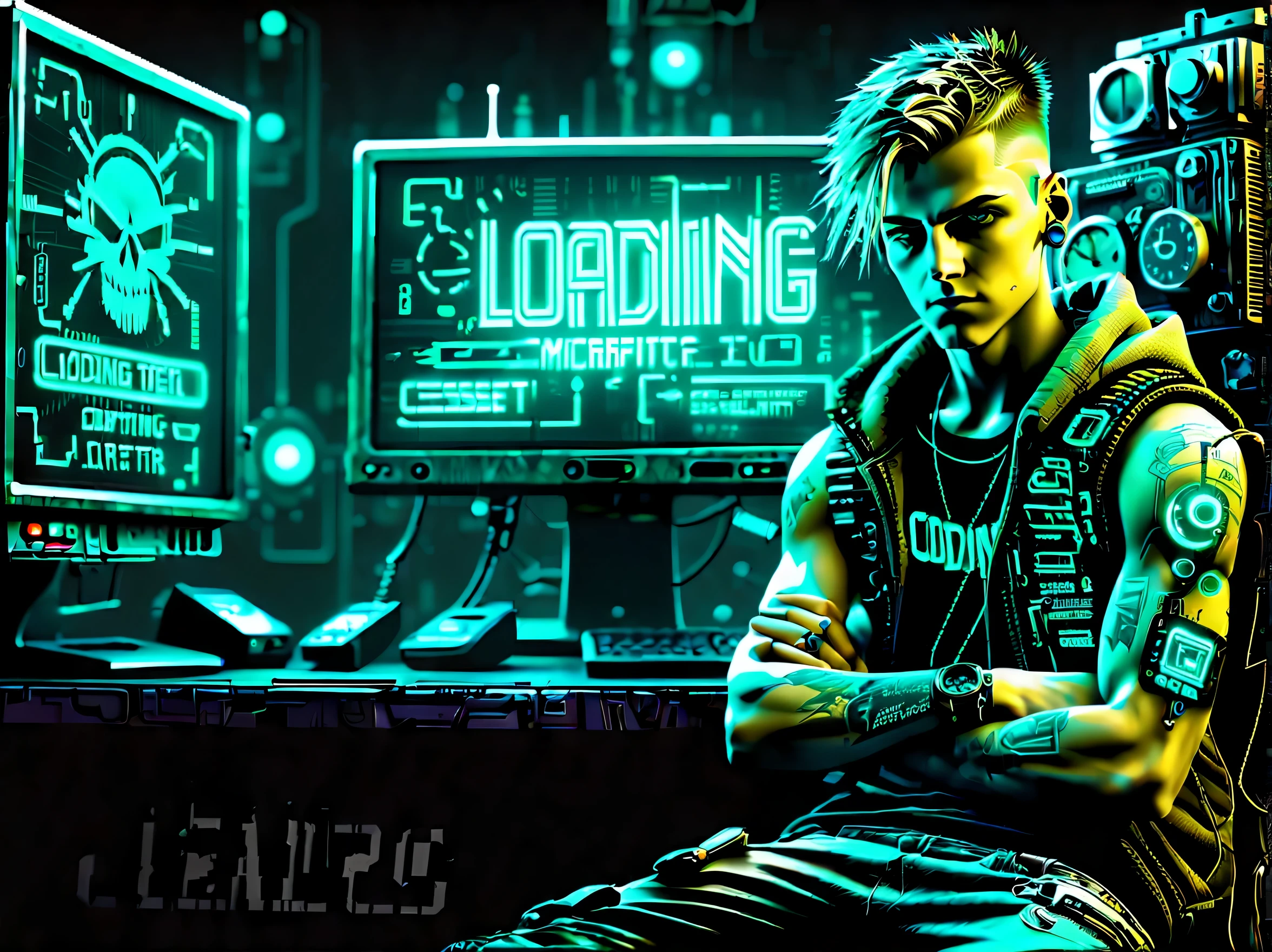 cyberpunk loading design, monitor in screen, clock, article "Loading" Text correction_v1, Inside of a boy with his arms crossed, Electronic cigarettes, intricate details, insane articleure, high contrast, tonal contrast, Stunning 32k detailed rendering,