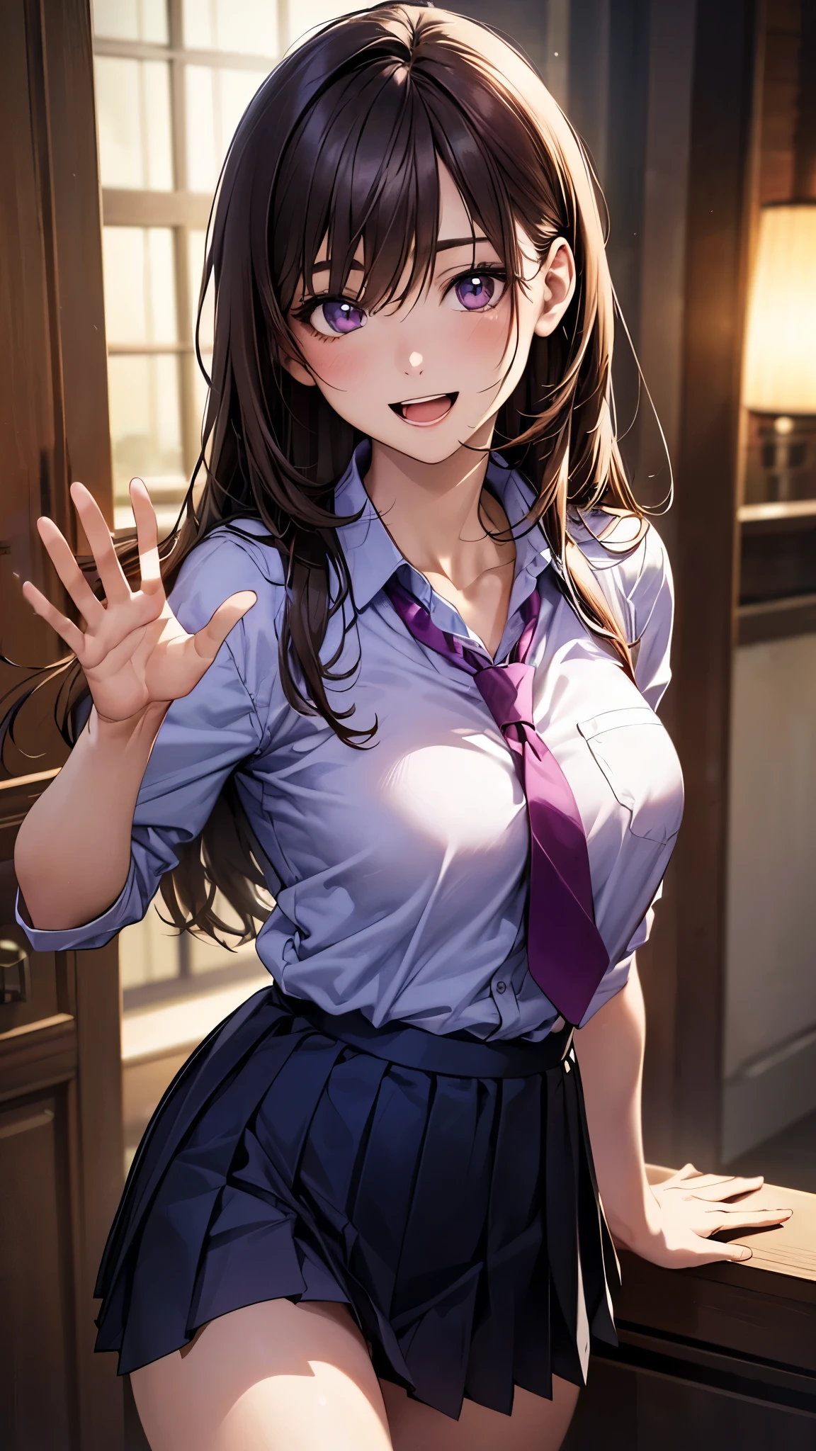 (masterpiece:1.2, top-quality), (realistic, photorealistic:1.4), beautiful illustration, (natural side lighting, movie lighting), , 
(looking at viewer), 1 girl, japanese, high school girl, perfect face, cute and symmetrical face, shiny skin, 
(long hair:1.5, straight hair:1.7, light brown hair), hair between eyes, purple eyes, long eye lasher, (large breasts:0.6), five fingers, 
beautiful hair, beautiful face, beautiful detailed eyes, beautiful clavicle, beautiful body, beautiful chest, beautiful thighs, beautiful legs, 
((light purple collared shirt, navy pleated skirt)), dark purple tie, 
(beautiful scenery), evening, downtown, (waving, lovely smile, upper eyes, open mouth), 