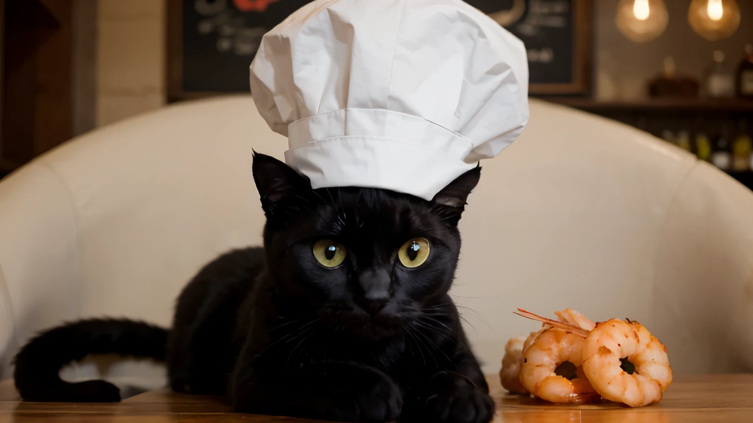 Cute black cat fries shrimps, cat with chef's hat, in french restaurant