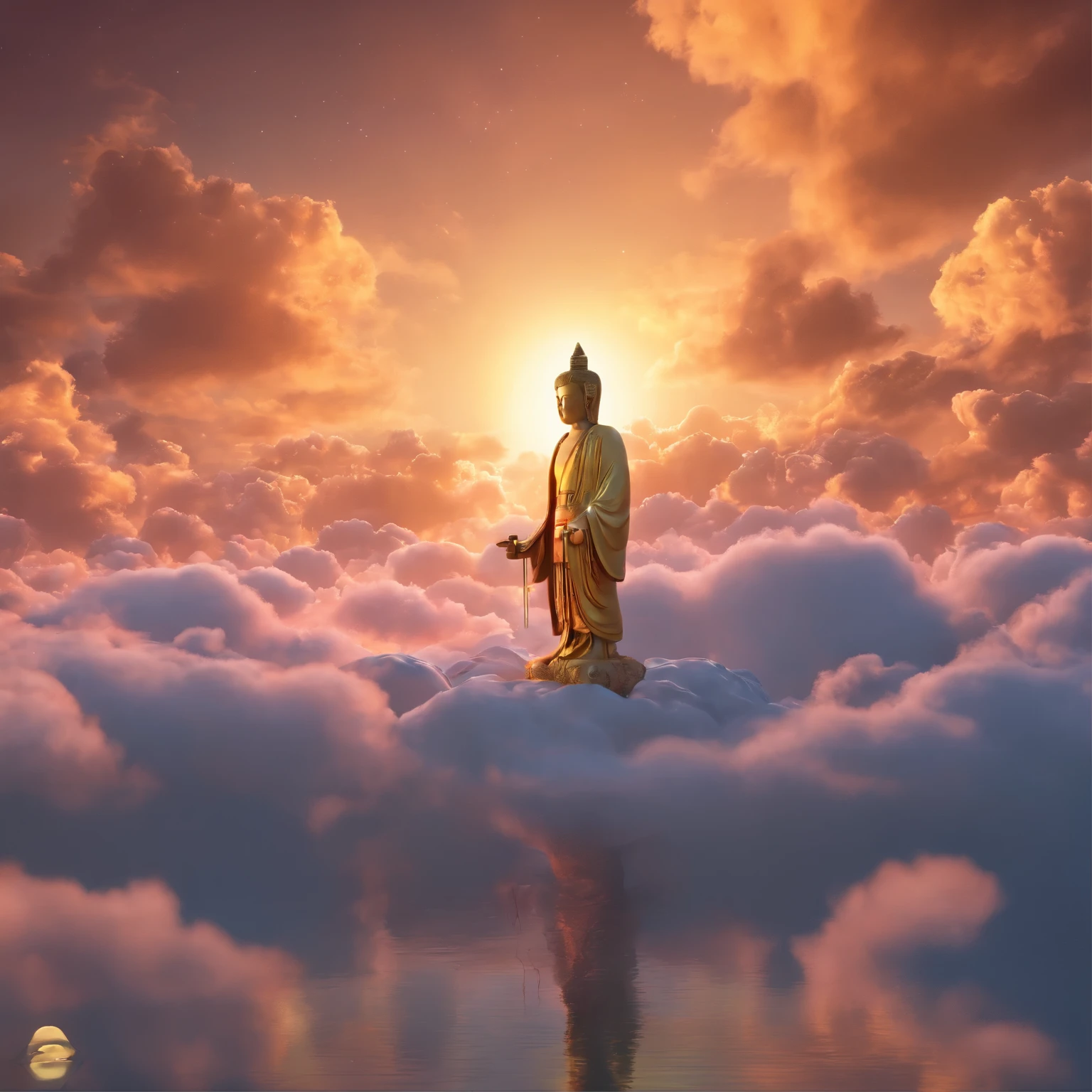 Jizo Bodhisattva,golden body,Colorful clouds,Three-dimensional ancient style,plant glow,photography style,lifelike,clear,illumination,high quality,Realism,8K,HD,