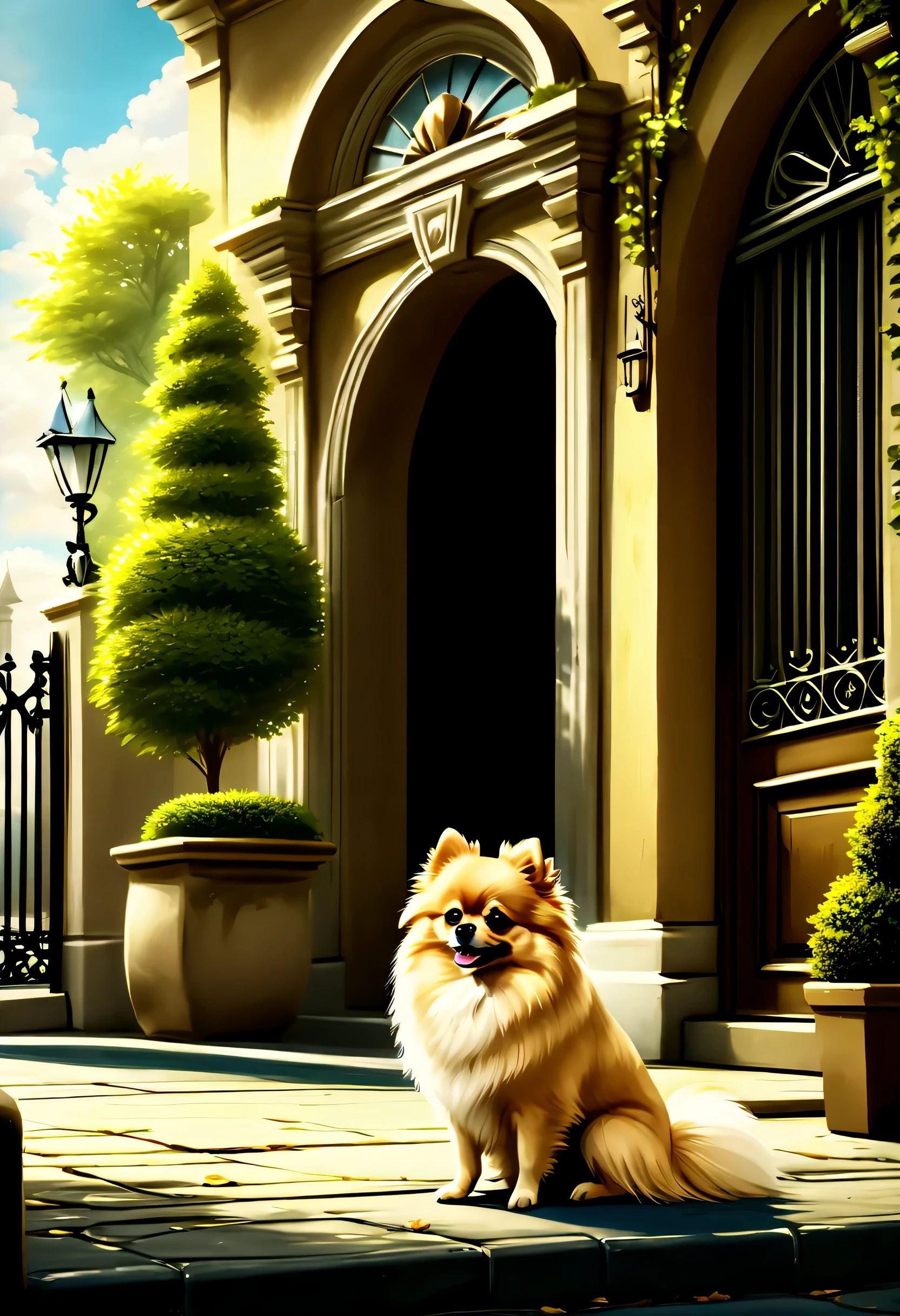 Pomeranian waiting for his owner in front of the entrance, Shot from the ground and behind it, Intricately detailed digital painting, high contrast, Natural light, high quality, Stunning 8K rendering,