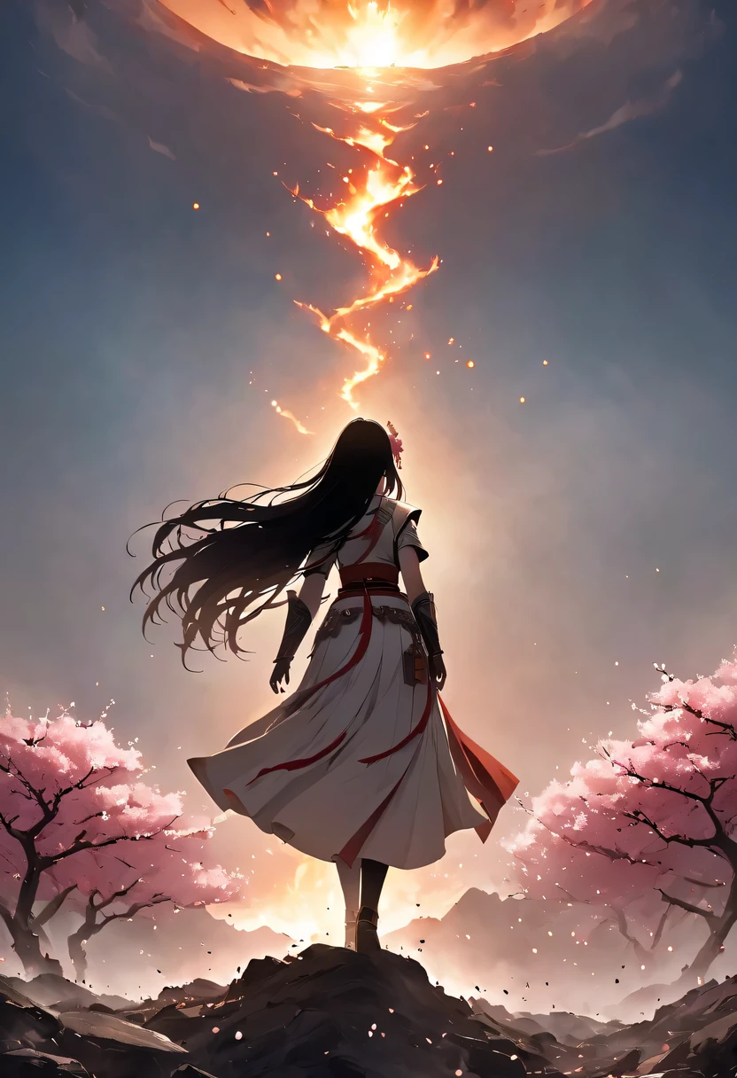 (Ten Miles of Enchanting Peach Blossoms:1.2)，The back of a woman with long hair reaching her waist stands under the peach blossom tree，firm eyes， Heqiang，She looked at the battlefield in the distance, filled with smoke.，The flames burst into the sky，China，Ancient，ink，