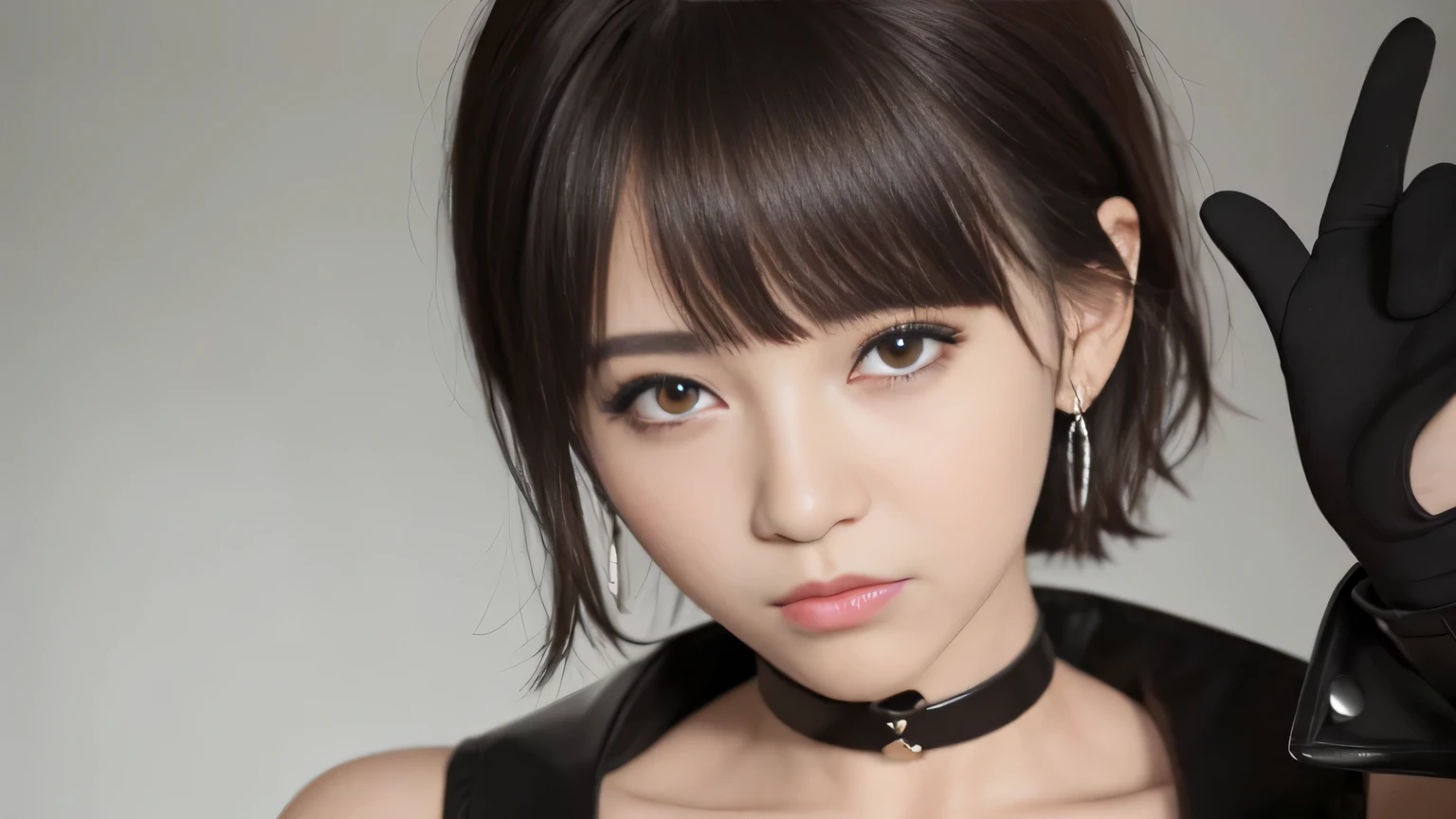 1 woman, japanese cartoon movies_coloring, Black color_eye, Black color_Gloves, brown_hair, choker, earring, Gloves, jewelry store, letterboxed, parody, short_hair, laugh, alone, style_parody,