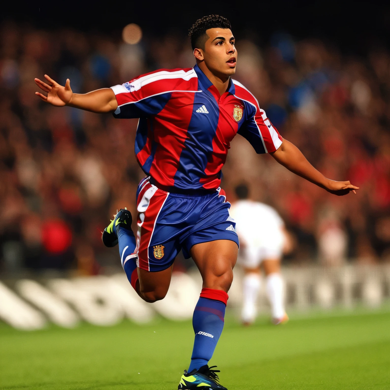 Araffe football player in red and blue uniform running with arms outstretched, Ronaldo Phenomenon, ronaldo brasileiro, Alphonse Muca, Pablo Perdomo, wonderful obra de arte, Luis Melo, obra de arte!!!, Direction: Arnold Bronckhorst, christophe jovem eytan zana, em 1 9 9 5, obra de arte!!!!, inspirado em Luis Enrique Camej