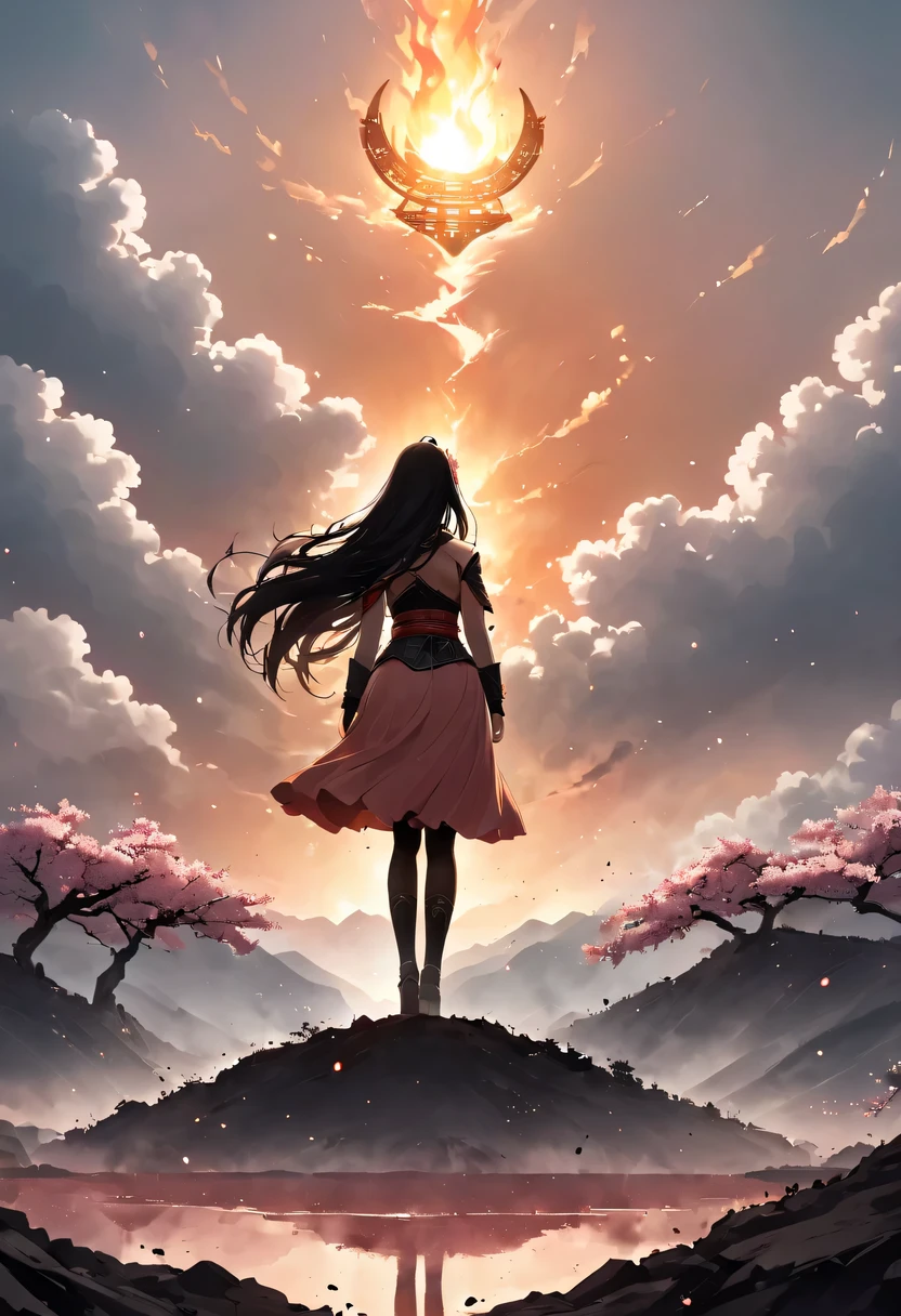 (Ten Miles of Enchanting Peach Blossoms:1.2),The back of a woman with long hair reaching her waist stands under the peach blossom tree,firm eyes, Heqiang,She looked at the battlefield in the distance, filled with smoke.,The flames burst into the sky,China,Ancient,ink,