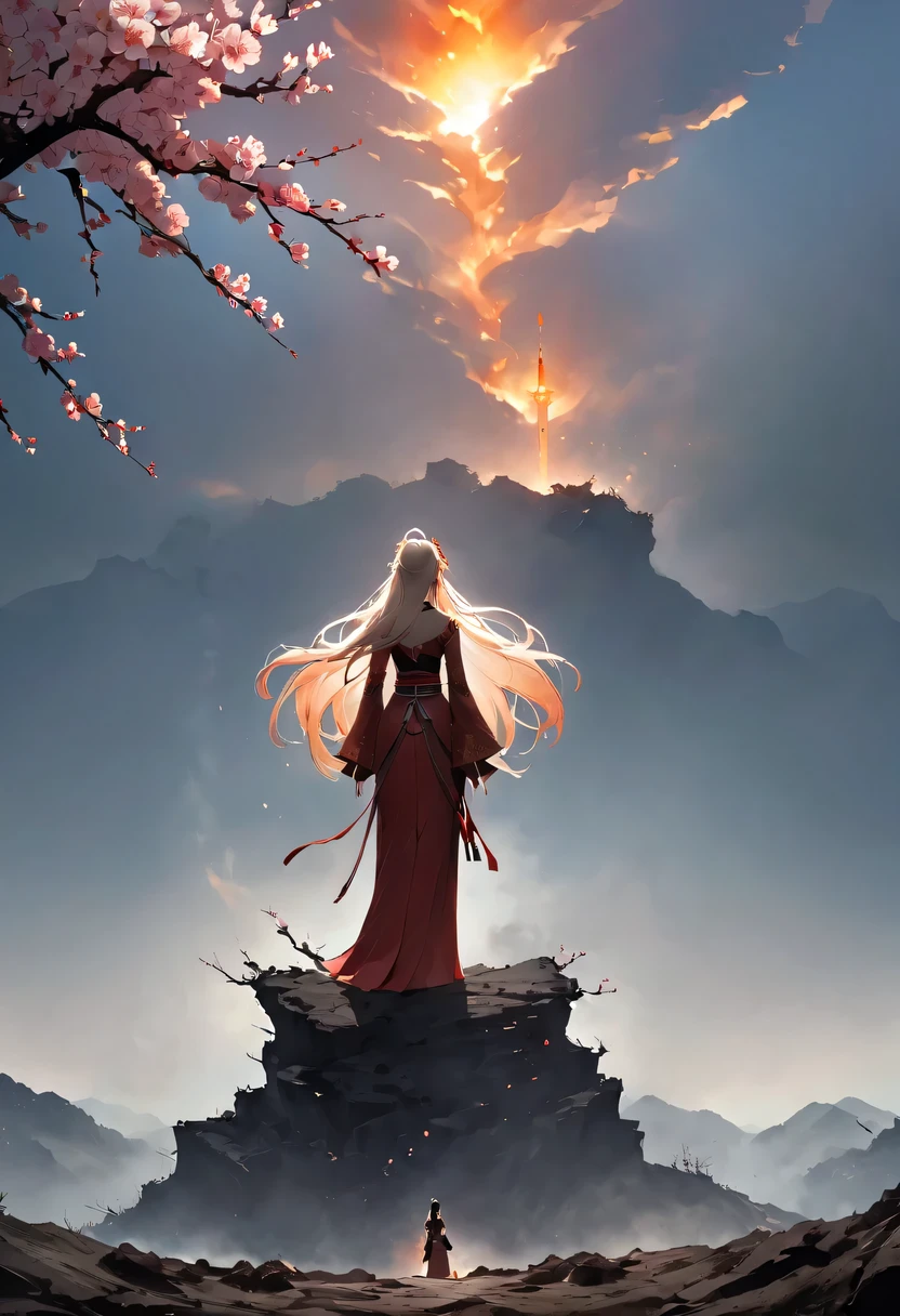 (Ten Miles of Enchanting Peach Blossoms:1.2)，The back of a woman with long hair reaching her waist stands under the peach blossom tree，firm eyes， Heqiang，She looked at the battlefield in the distance, filled with smoke.，The flames burst into the sky，China，Ancient，ink，