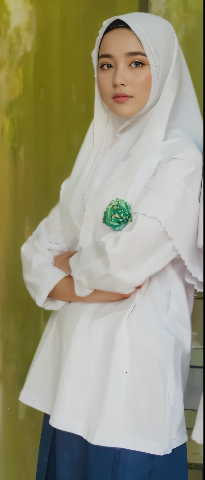 (Close-up of the painting style,Ultra HD 8K,Masterpiece grade CG wallpaper),Cinematic lighting,cute girly,Delicate and beautiful face,Dreamy pupils,Wearing a small floral short summerdresound waist,hijabi,Bust poem,Sit,Cloudy background,the trees,florals,夏天,Chinese style buildings, cleavage, magical