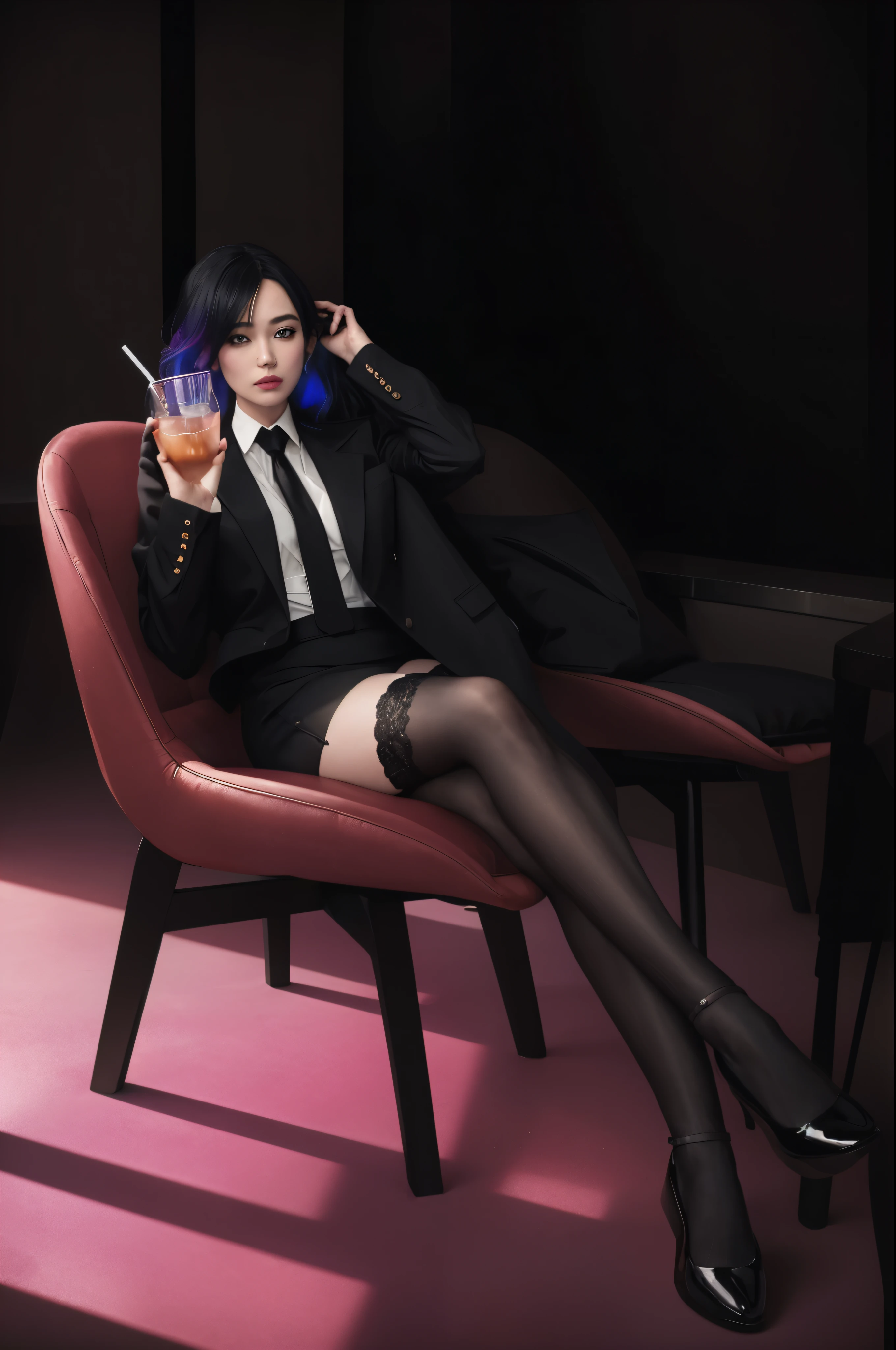 A sexy lady sitting in a cafe,She is wearing a blazer and black stockings,She was holding a drink in her hand,There is a pillow on the other chair,Atmospheric,fine details,File size is huge,ridiculous, (best quality,rich and colorful,bright colors,Volumetric light,depth of field,fine details,Astonishing,masterpiece,actual,photoactual,high contrast:1.2)
