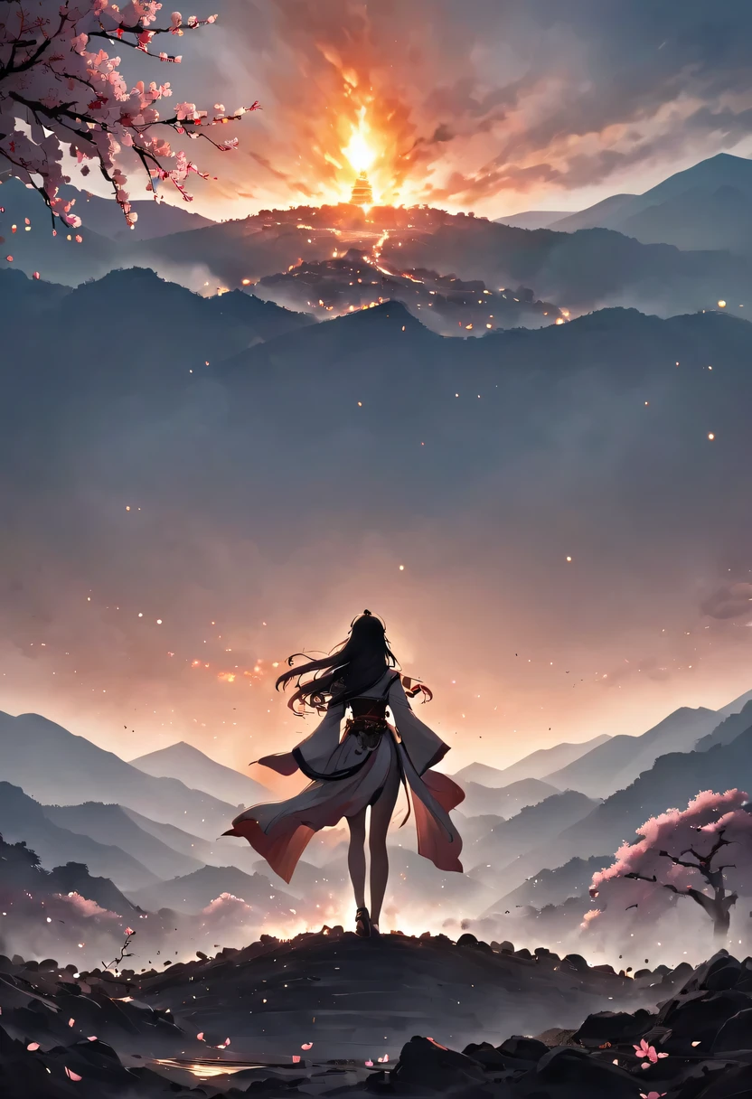 (Ten Miles of Enchanting Peach Blossoms:1.2),The back of a woman with long hair reaching her waist stands under the peach blossom tree,firm eyes, Heqiang,She looked at the battlefield in the distance, filled with smoke.,The flames burst into the sky,China,Ancient,ink,