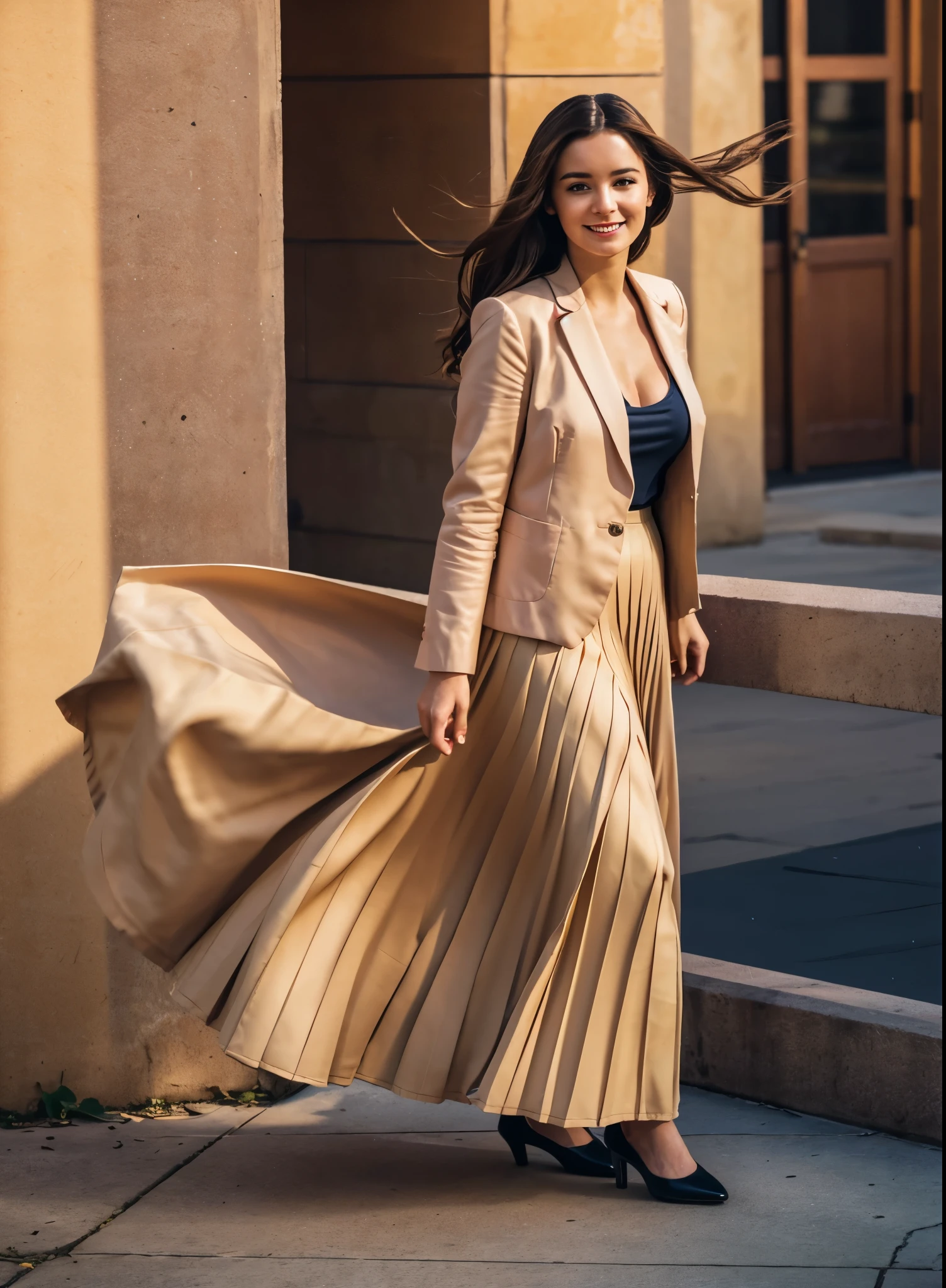 A smiling, authentic, (shy:1,3), kind, beautiful woman, completely alone in an empty space station, in love with her skirt, standing while wind lifts her skirt, wearing short blazer and very very detailed (long (fully pleated) full circle skirt) and (simple) low heeled office shoes, very very intricate hyper-detailed symmetric (attractive graceful young feminine face) with (sad, tired eyes and a shy smile), large breasts, full of empathy and compassion and love, (pronounced (feminine) features), (highly detailed ultra accurate realistic) hands and fingers, (windy), epic composition, highly detailed attributes, (35mm f1.4 Kodak portra 400 photograph), extremely high quality RAW photograph, highly detailed atmosphere, sci-fi, cinematic shot, dynamic lighting, 75mm, Technicolor, Panavision, cinemascope, sharp focus, fine details, 8k, HDR, realism, realistic, key visual, film still, superb cinematic color grading, depth of field