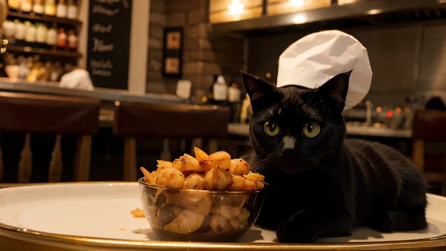 (Cute black cat) fries (shrimps), cat with (chef's hat), in french restaurant