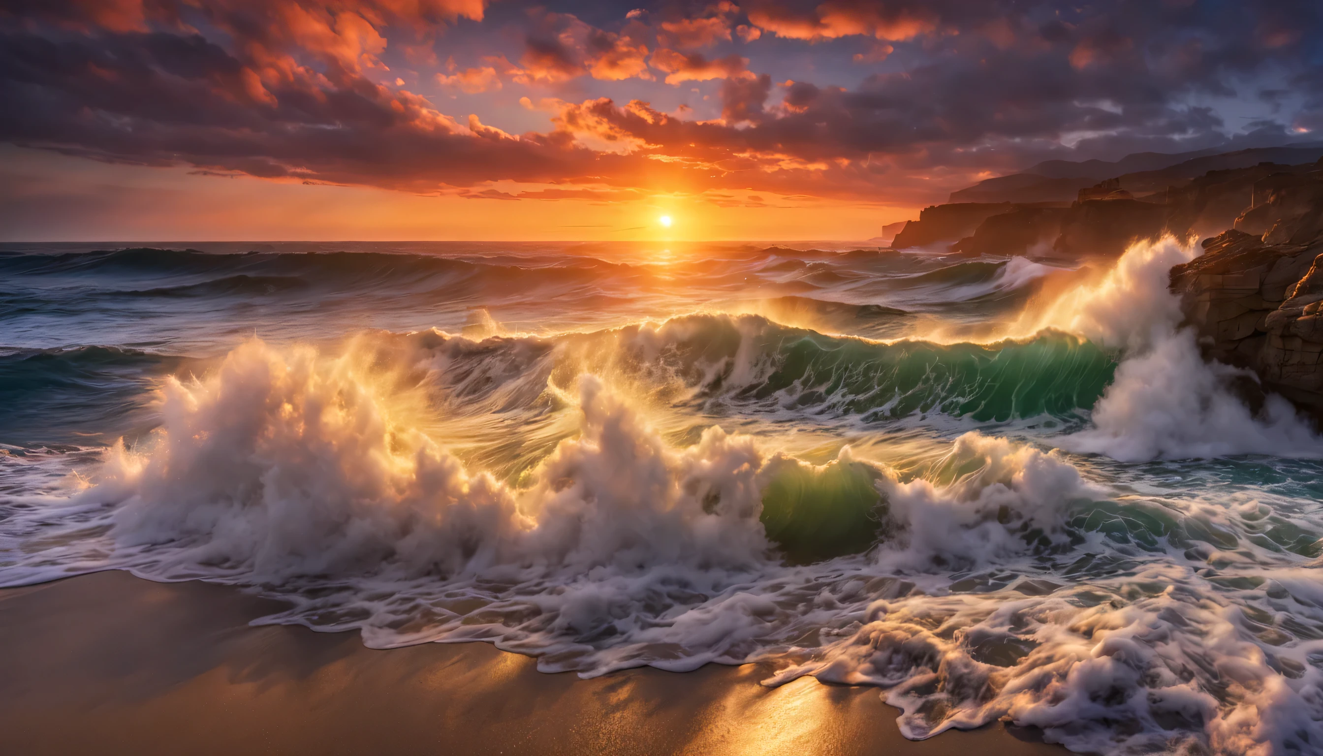 arafed view of a sunset over the ocean with waves crashing, chaotic sea setting, vibrant sunrise, breathtaking colors, breathtaking look, vibrant sunset, breathtaking composition, beautiful sea landscapes, stunning sunset, magnificent background, sunset glow, beautiful background, beautiful dreamy breathtaking, marc adamus, warm beautiful scene, epic sunset, beautiful sunset, beautiful sunset glow, beautiful ocean