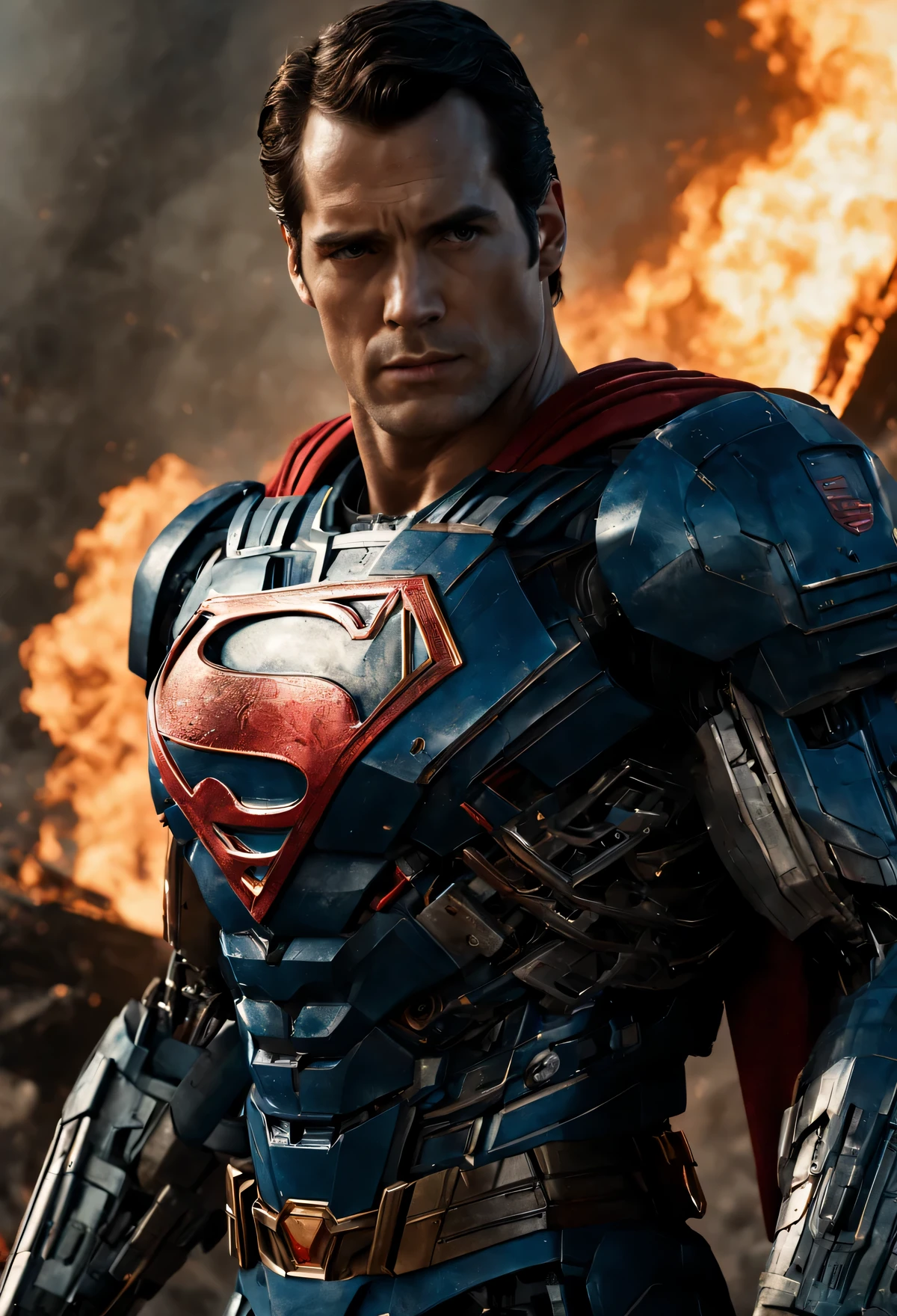 a close up of a superman standing in front of a fire, transformers cinematic universe, wojtek fus, hq 4k wallpaper, transformers : the last knight, in the movie transformers, thertrevkaiser, Henry Cavill as superman, artstation masterpiece, super robot, superman fused with optimus prime, japanese dc live-action movie, hd wallpaper, inspired by Zack Snyder