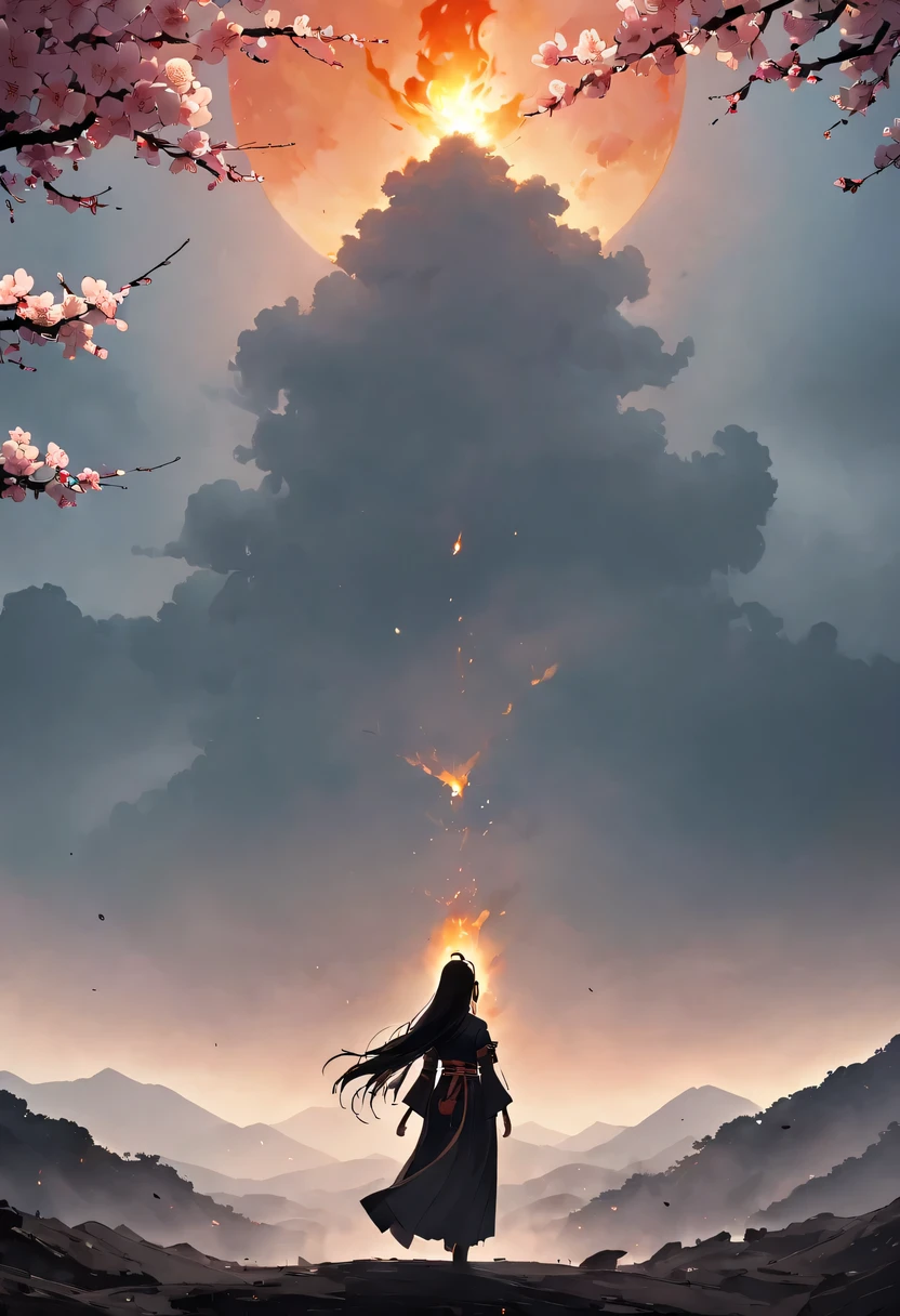 (Ten Miles of Enchanting Peach Blossoms:1.2),The back of a woman with long hair reaching her waist stands under the peach blossom tree,firm eyes, Heqiang,She looked at the battlefield in the distance, filled with smoke.,The flames burst into the sky,China,Ancient,ink,