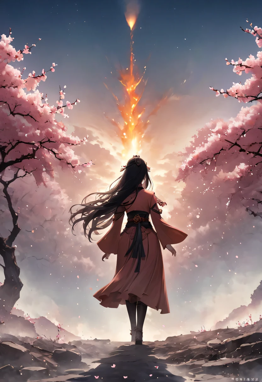 (Ten Miles of Enchanting Peach Blossoms:1.2),The back of a woman with long hair reaching her waist stands under the peach blossom tree,firm eyes, Heqiang,She looked at the battlefield in the distance, filled with smoke.,The flames burst into the sky,China,Ancient,ink,