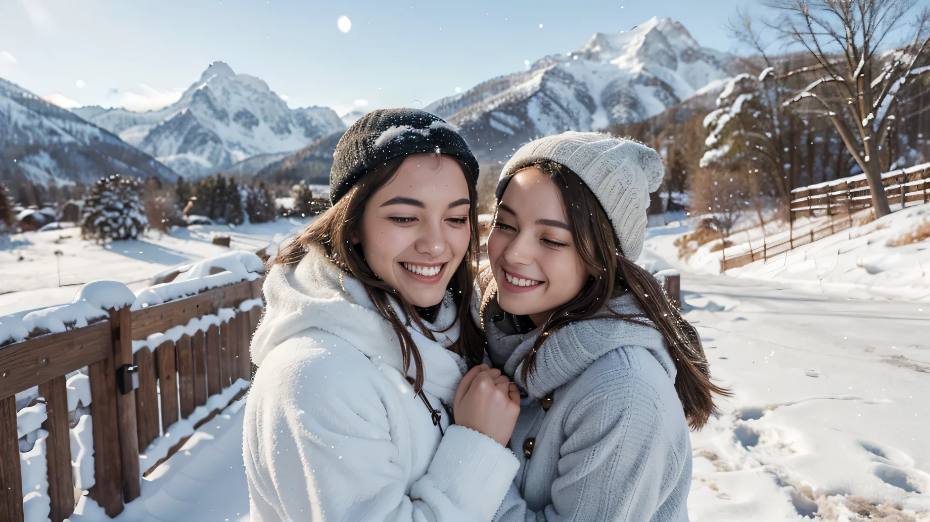 um casal feliz apreciando a paisagem coberta de neve com montanhas ao fundo, (melhor qualidade, 4k, high resolution), ultra-detalhado, realista:1.37, Maravilhas do inverno, crisp and serene atmosphere, flocos de neve macios e fofos caindo suavemente, cores vibrantes, warm and joyful expressions, roupas aconchegantes de inverno, luz solar brilhante refletindo na neve, a sense of peace and tranquility, amor e felicidade enchendo o ar.