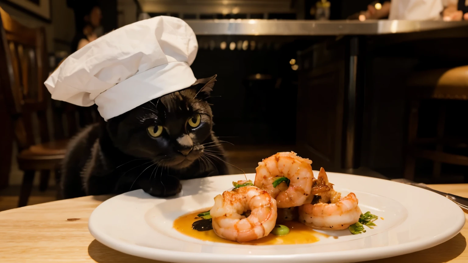 (Cute black cat) serves (shrimps), cat with (chef's hat), in french restaurant