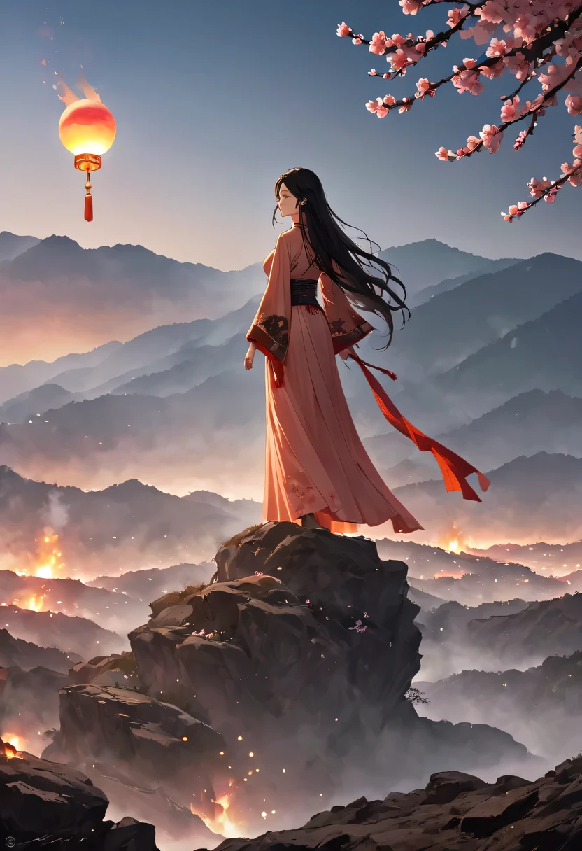 (Ten Miles of Enchanting Peach Blossoms:1.2),The back of a woman with long hair reaching her waist stands under the peach blossom tree,firm eyes, Heqiang,She looked at the battlefield in the distance, filled with smoke.,The flames burst into the sky,China,Ancient,ink,