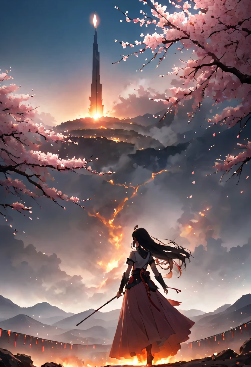 (Ten Miles of Enchanting Peach Blossoms:1.2),The back of a woman with long hair reaching her waist stands under the peach blossom tree,firm eyes, Heqiang,She looked at the battlefield in the distance, filled with smoke.,The flames burst into the sky,China,Ancient,ink,