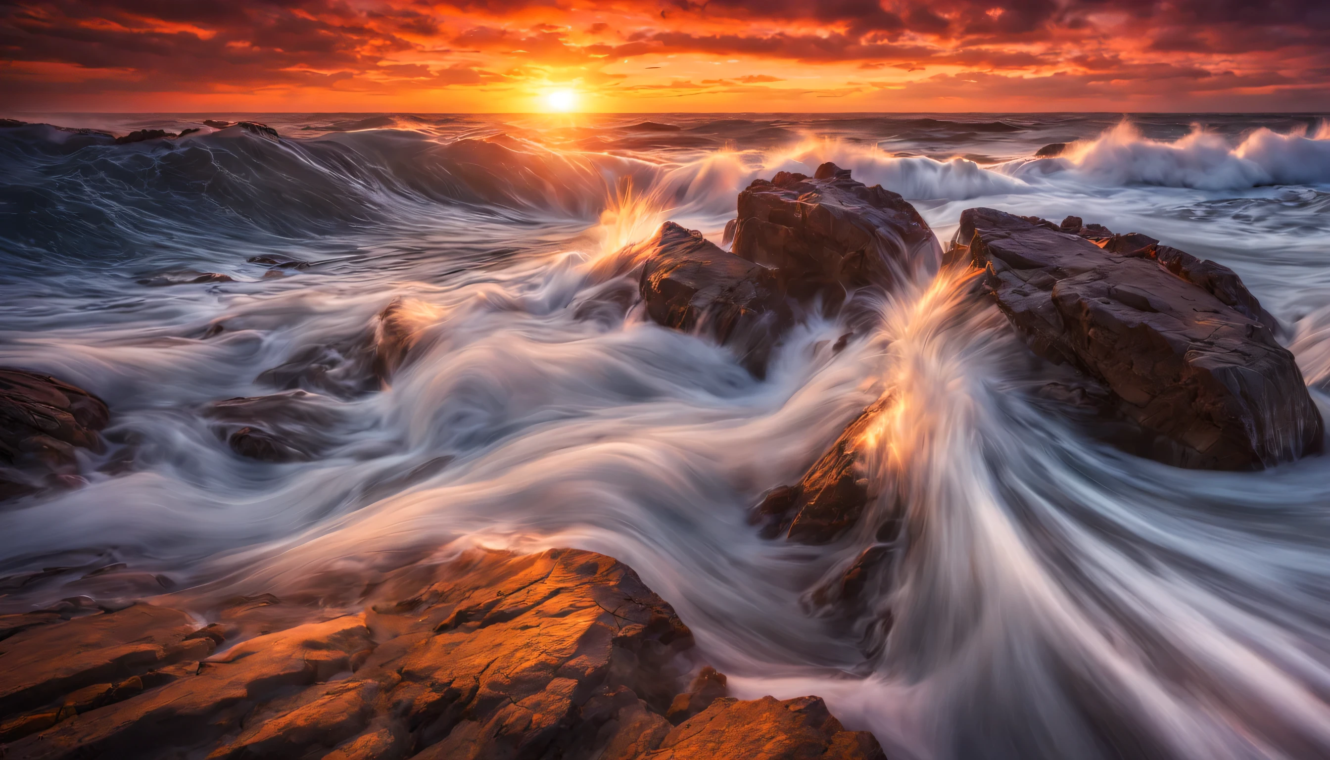 arafed view of a sunset over the ocean with waves crashing, chaotic sea setting, vibrant sunrise, breathtaking colors, breathtaking look, vibrant sunset, breathtaking composition, beautiful sea landscapes, stunning sunset, magnificent background, sunset glow, beautiful background, beautiful dreamy breathtaking, marc adamus, warm beautiful scene, epic sunset, beautiful sunset, beautiful sunset glow, beautiful ocean