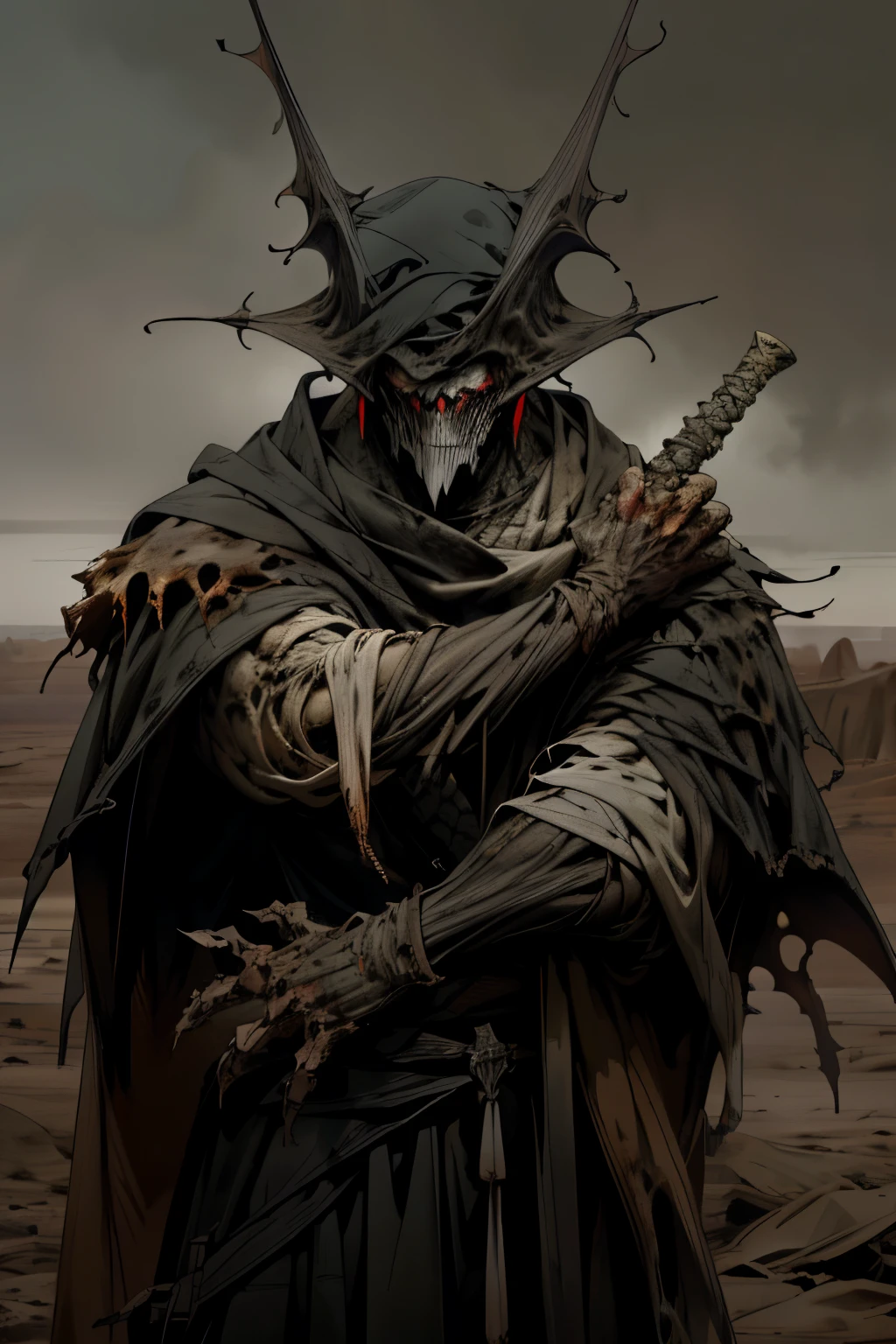 "In the depths of a hauntingly beautiful desert landscape, a chilling figure emerges. Clad in a tattered, Sandman-like cloak, his face obscured by a grotesque mask that appears to have once been fascinating but now looks like shit. The monster villain exudes an intimidating aura as he clutches a gory, tattered weapon in his hand. The scene is rendered in hyper-realistic detail, every wrinkle and tear in the mask and the villain's dreadful appearance brought to life with intricate precision. The disturbing colors of the desert, shrouded in an eerie twilight, add to the terrifying atmosphere, the sky t