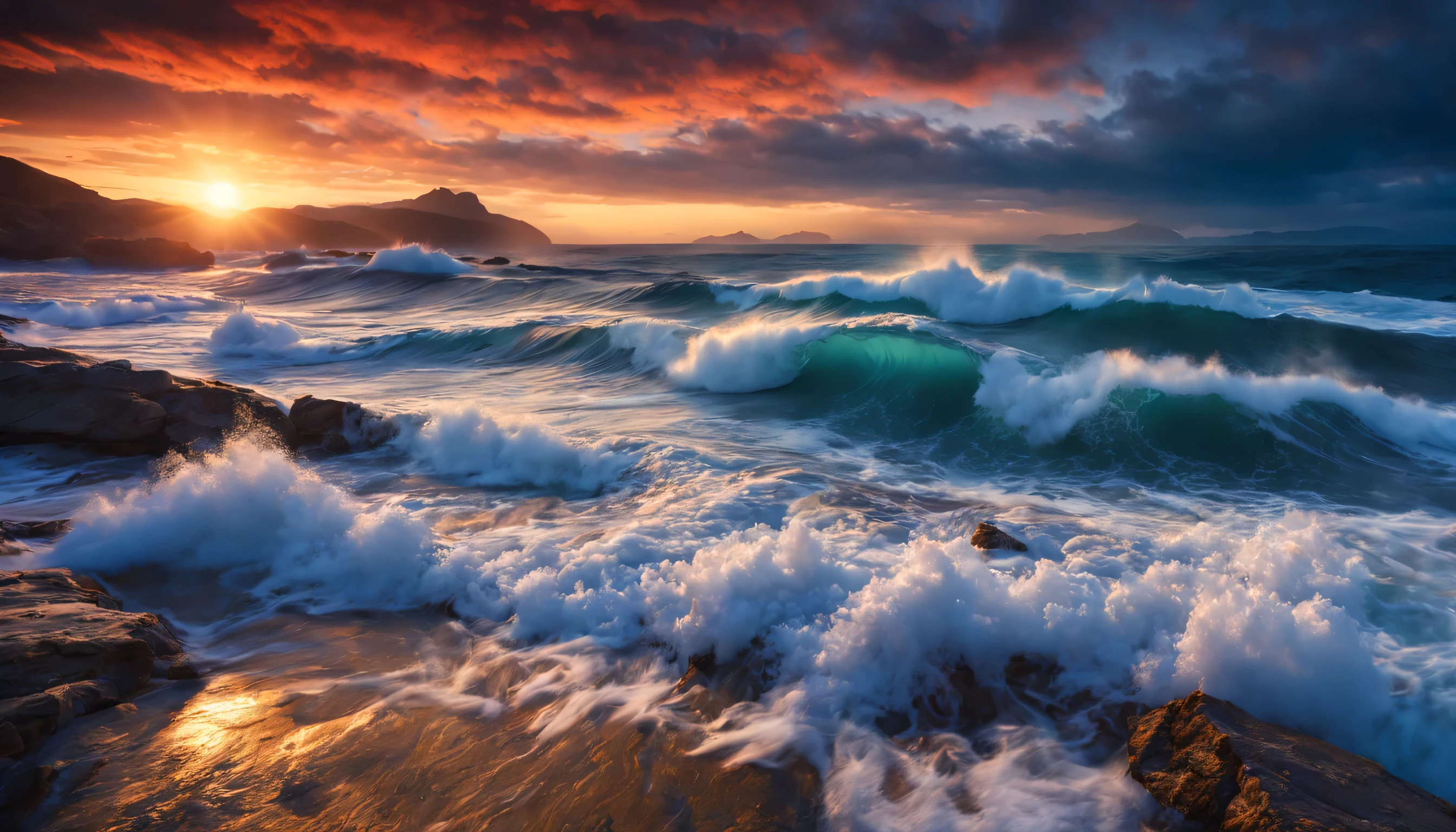 arafed view of a dawn over the blue ocean with waves crashing, chaotic sea setting, breathtaking colors, breathtaking look, breathtaking composition, beautiful sea landscapes, stunning dawn, magnificent background, dawn glow, beautiful background, beautiful dreamy breathtaking, marc adamus, warm beautiful scene, epic dawn, beautiful dawn, beautiful dawn glow, beautiful blue ocean