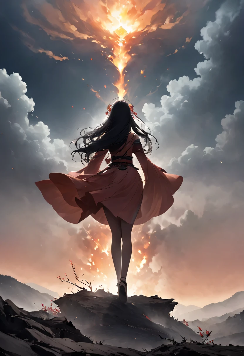 Ten Miles of Enchanting Peach Blossoms，Rear view of woman with waist-length hairm eyes， Heqiang，She looked at the battlefield in the distance, filled with smoke.，The flames burst into the sky，China，Ancient，ink，