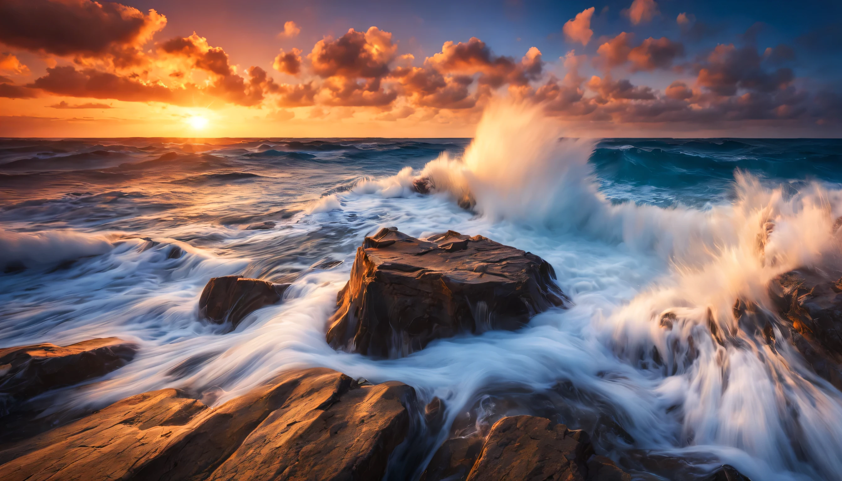 arafed view of a dawn over the blue ocean with waves crashing, chaotic sea setting, breathtaking colors, breathtaking look, breathtaking composition, beautiful sea landscapes, stunning dawn, magnificent background, dawn glow, beautiful background, beautiful dreamy breathtaking, marc adamus, warm beautiful scene, epic dawn, beautiful dawn, beautiful dawn glow, beautiful blue ocean