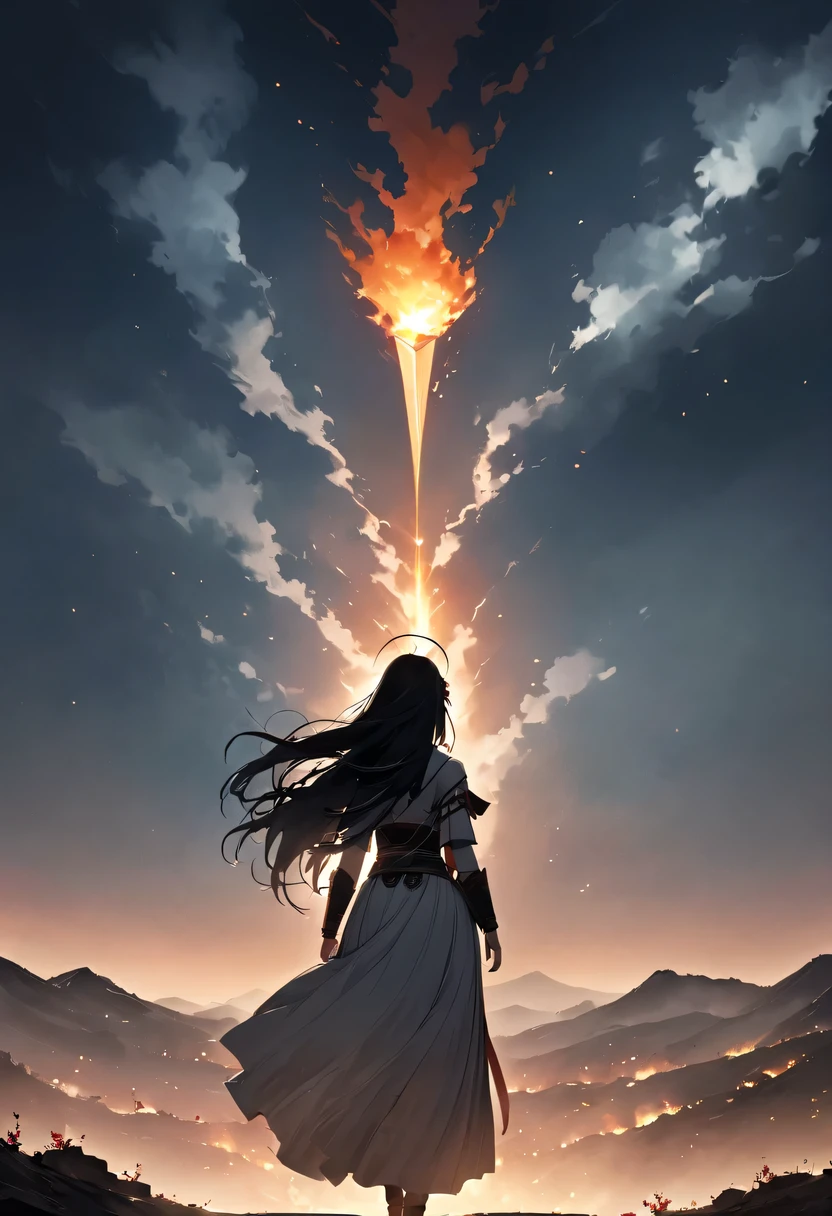 Ten Miles of Enchanting Peach Blossoms,Rear view of woman with waist-length hairm eyes, Heqiang,She looked at the battlefield in the distance, filled with smoke.,The flames burst into the sky,China,Ancient,ink,