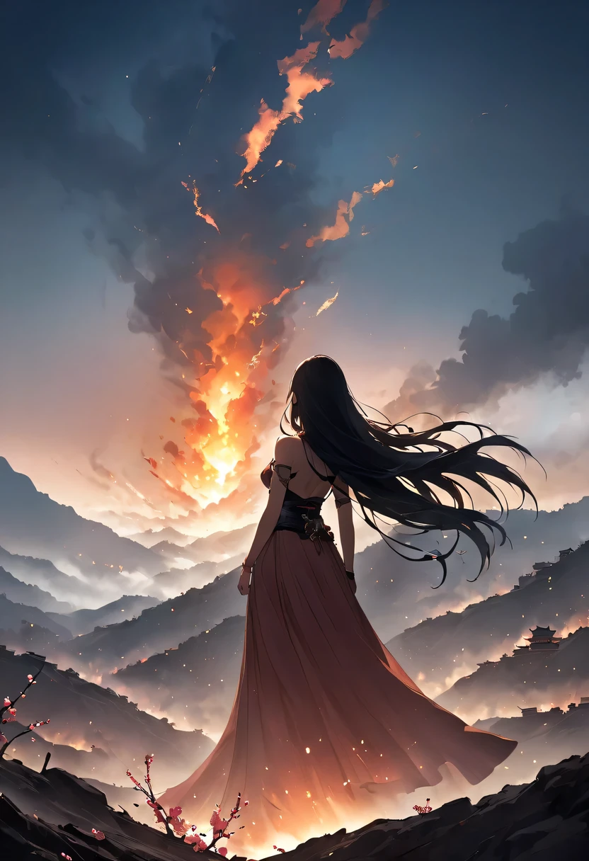 Ten Miles of Enchanting Peach Blossoms，Rear view of woman with waist-length hairm eyes， Heqiang，She looked at the battlefield in the distance, filled with smoke.，The flames burst into the sky，China，Ancient，ink，