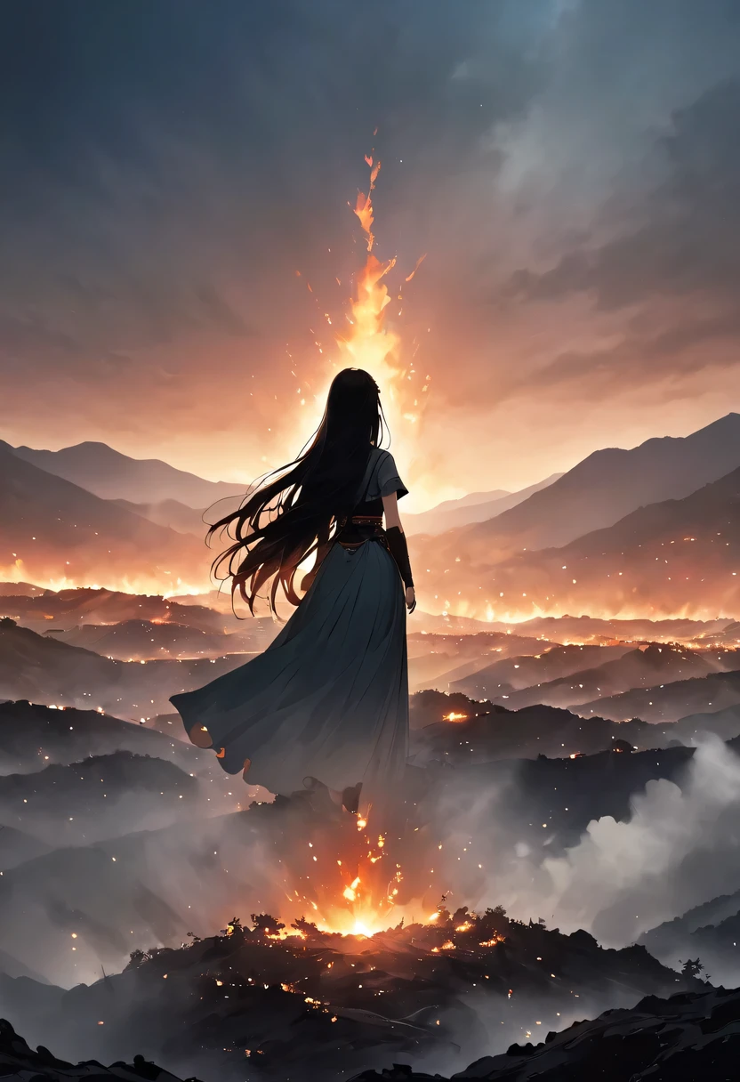 Ten Miles of Enchanting Peach Blossoms，Rear view of woman with waist-length hairm eyes， Heqiang，She looked at the battlefield in the distance, filled with smoke.，The flames burst into the sky，China，Ancient，ink，