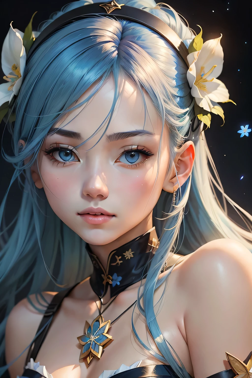 masterpiece), (best quality), (ultra-fine), (pan hair), (illustration), (1 girl), (fashion clothing), standing, fashion model, looking at the audience, (interview), (background forest), beautiful delicate eyes, delicate beauty, floating, (high saturation), (colorful splashes), colorful bubbles, (shiny), (full body) (beautiful figure), focus on face, ponytail, upper lining, light blue hair, bangs, hair ring, floating flowers, flowing hair, (shiny), Best lighting, best shadows, vistas, in the forest, with pets