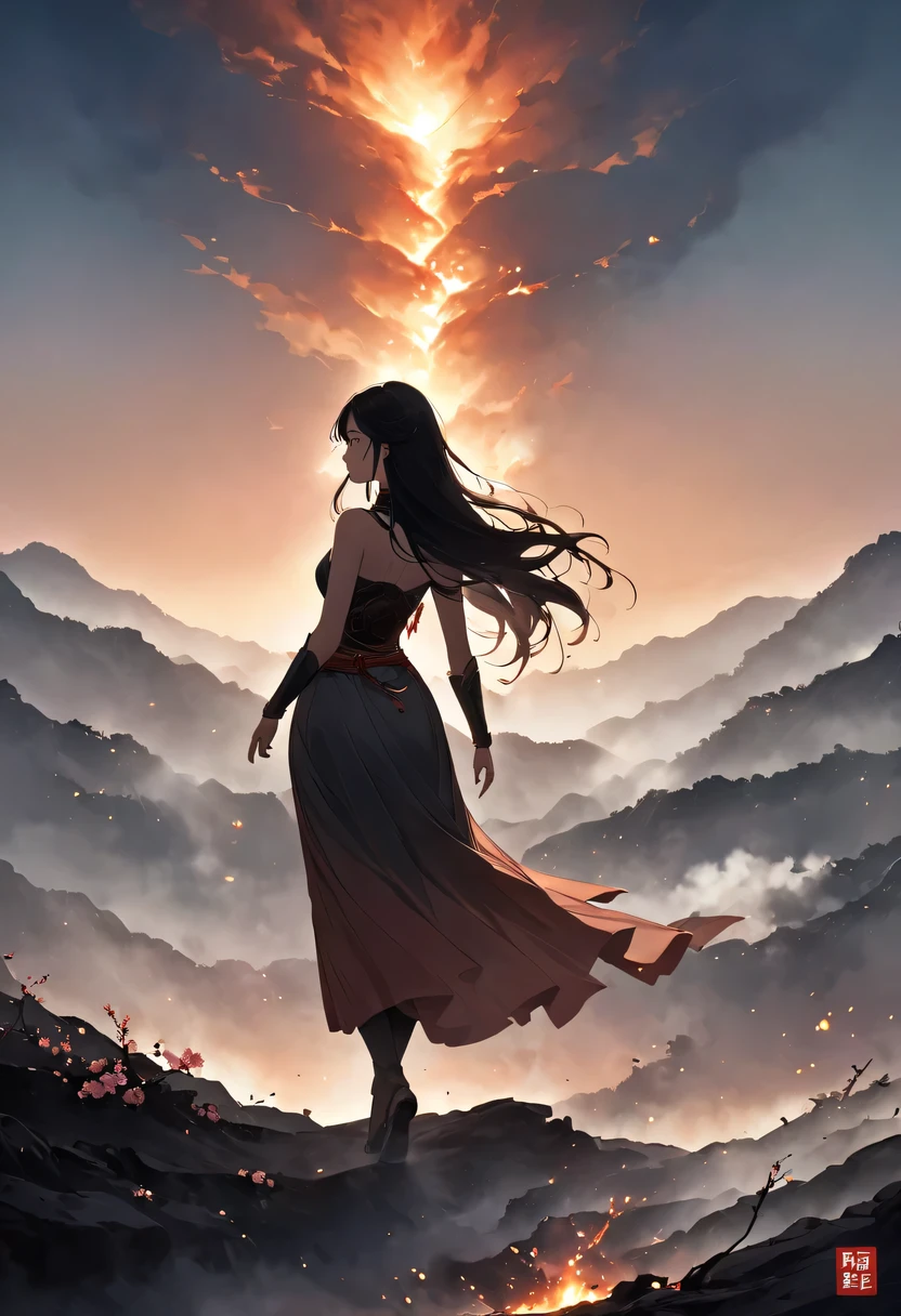 Ten Miles of Enchanting Peach Blossoms，Rear view of woman with waist-length hairm eyes， Heqiang，She looked at the battlefield in the distance, filled with smoke.，The flames burst into the sky，China，Ancient，ink，