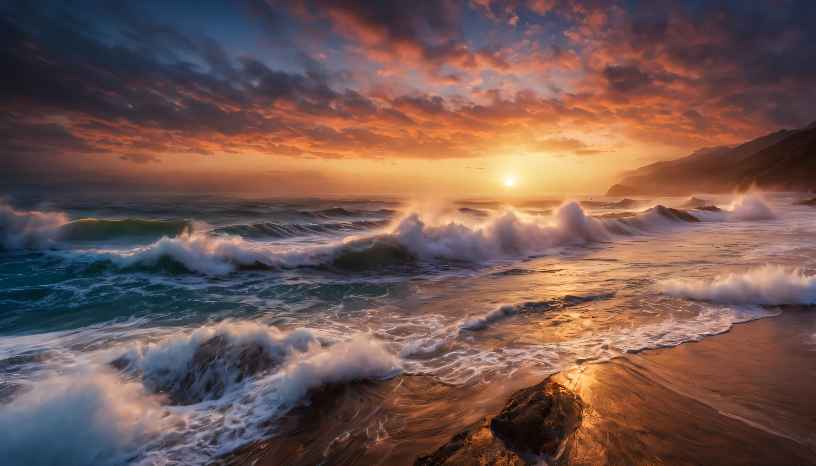 arafed view of a dawn over the blue ocean with waves crashing, chaotic sea setting, breathtaking colors, breathtaking look, breathtaking composition, beautiful sea landscapes, stunning dawn, magnificent background, dawn glow, beautiful background, beautiful dreamy breathtaking, marc adamus, warm beautiful scene, epic dawn, beautiful dawn, beautiful dawn glow, beautiful blue ocean