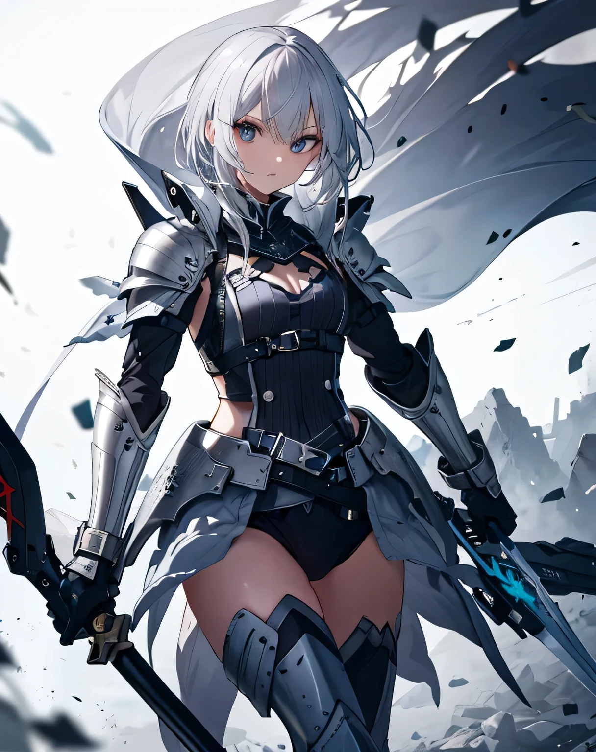 Anime girl with sword and armor standing in front of a mountain - SeaArt AI