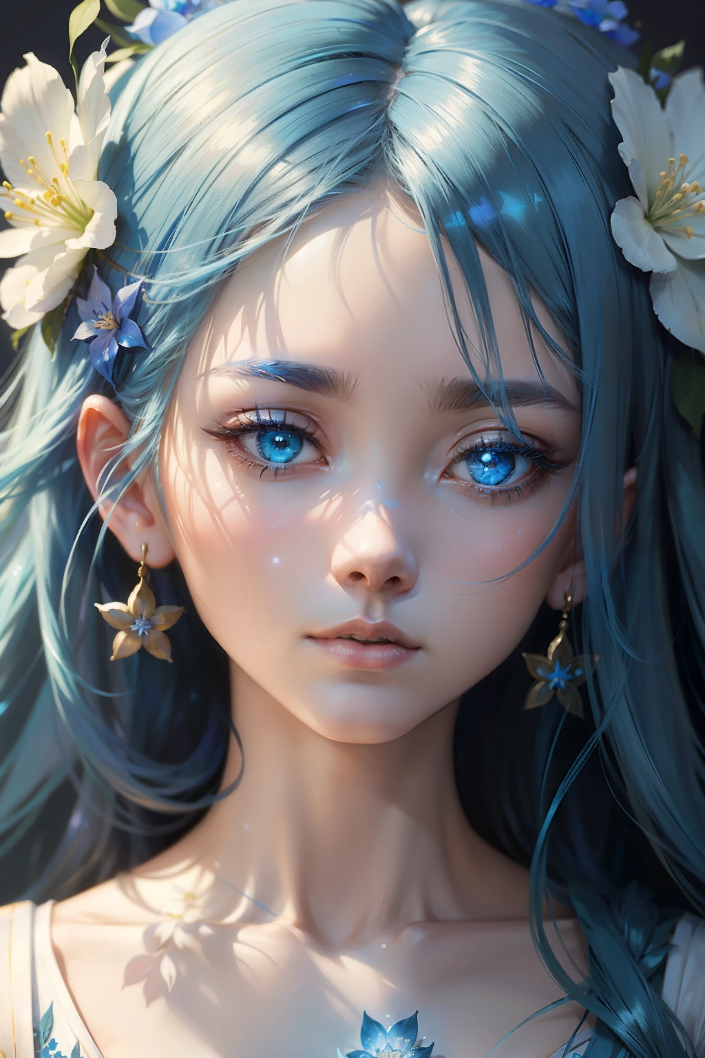 A woman with blue hair and flowers in her hair, beautiful fantastic art portrait, realistic portrait of a fairy, beautiful fantastic portrait