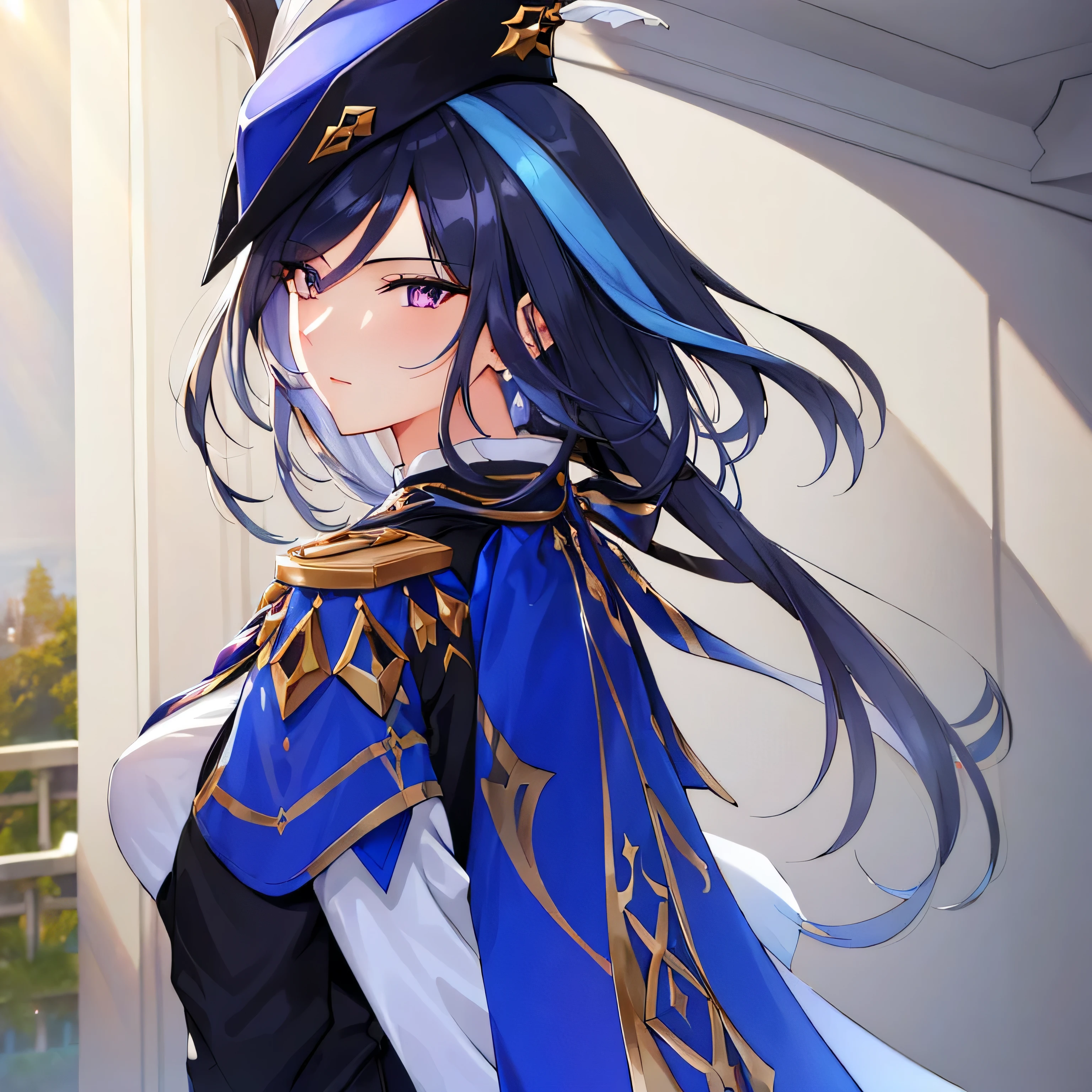 ((masterpiece)), ((best quality)), (ultra-detailed), absurdres, extremely detailed CG unity 8k wallpaper, Official Art, Accurate describe shapes, (realistic), beautiful face, detailed hands, expressive eyes, upper body, looking at viewer, solo, close-up, ((from behind)), (standing, arm at side, serious:1.2), (indoors, scenery, dramatic light, illustration:1.1), (1girl, mature female, milf, motherly, good body, deep blue hair, purple eyes, long hair:1.4), (blue headwear, white gloves, black pantyhose, earrings, hat feather, garter strap, corset, epaulettes:1.3), , ((masterpiece)), absurdres, HDR, clorinde (genshin impact), a shirt button off, in bras