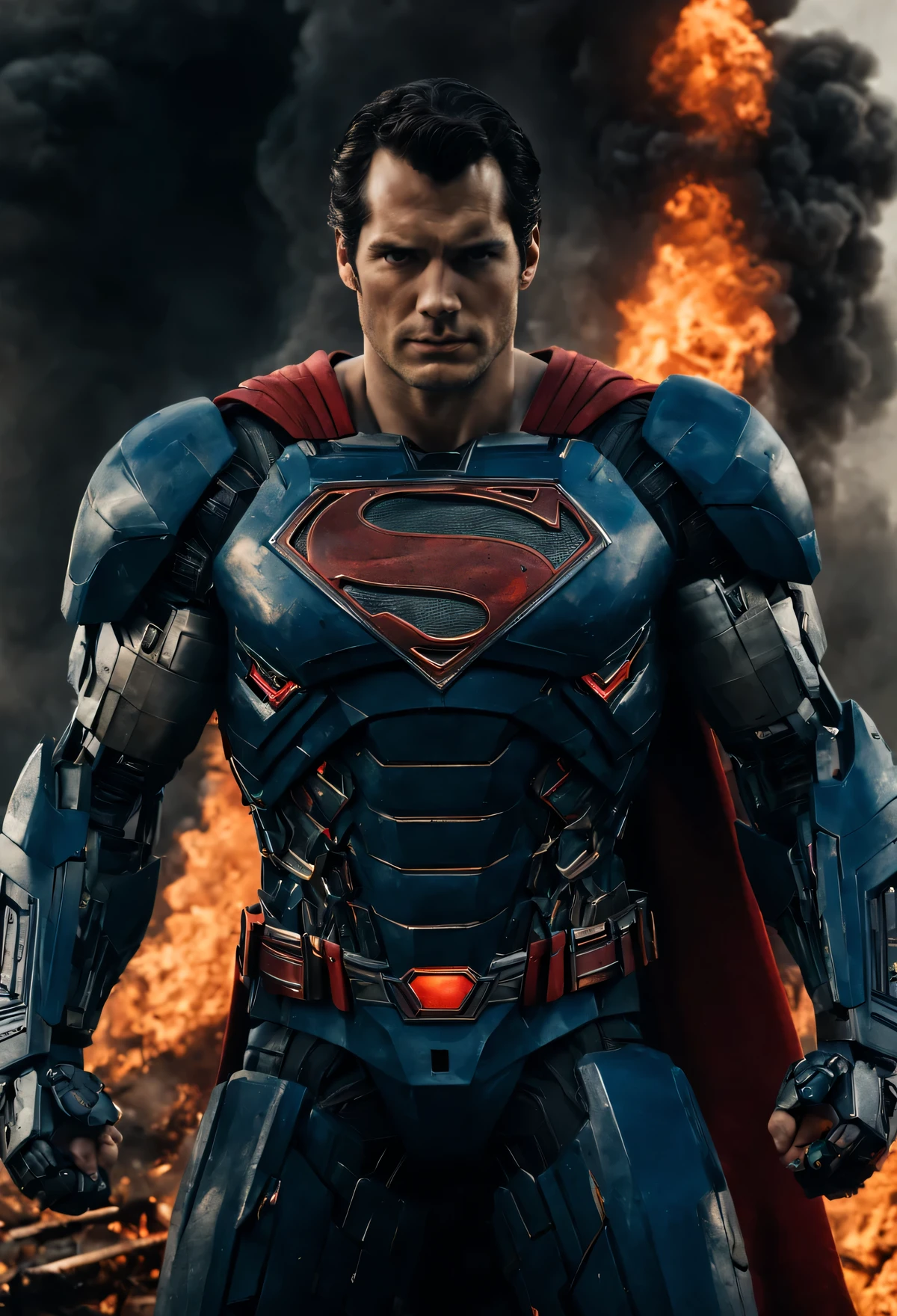 a close up of a superman standing in front of a fire, transformers cinematic universe, wojtek fus, hq 4k wallpaper, transformers : the last knight, in the movie transformers, thertrevkaiser, Henry Cavill as superman, artstation masterpiece, super robot, superman fused with optimus prime, japanese dc live-action movie, hd wallpaper, inspired by Zack Snyder, Henry Cavil so handsome