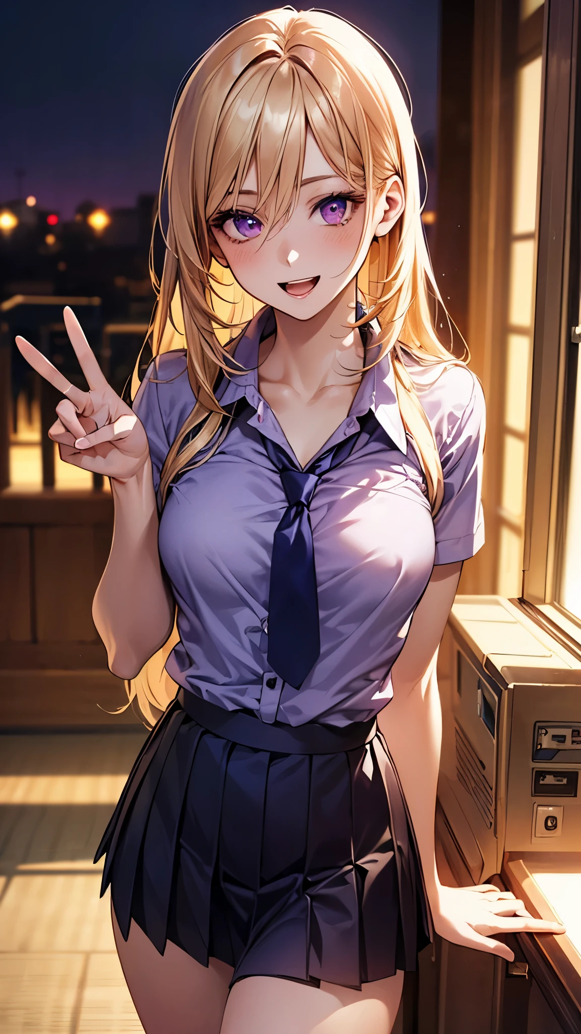 (masterpiece:1.2, top-quality), (realistic, photorealistic:1.4), beautiful illustration, (natural side lighting, movie lighting), ,
(looking at viewer), 1 girl, japanese, high school girl, perfect face, cute and symmetrical face, shiny skin,
(long hair:1.5, straight hair:1.7, blond hair), hair between eyes, purple eyes, long eye lasher, (large breasts:0.6), five fingers,
beautiful hair, beautiful face, beautiful detailed eyes, beautiful clavicle, beautiful body, beautiful chest, beautiful thighs, beautiful legs,
((light purple collared shirt, navy pleated skirt)), dark purple tie,
(beautiful scenery), evening, amusement arcade, (peace sign, lovely smile, upper eyes, open mouth),