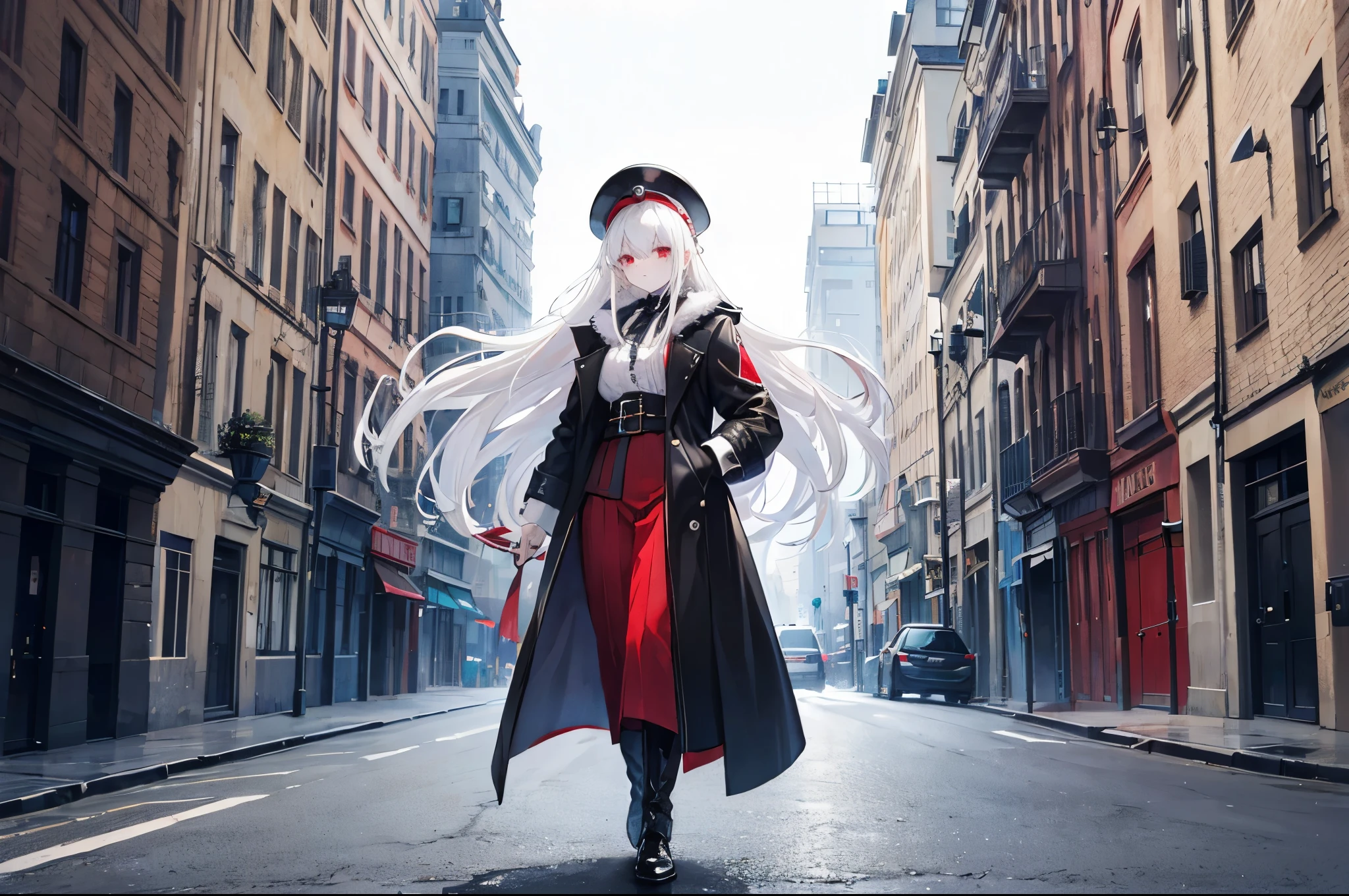 white hair,long white hair,red eyes,Black and blue detective hat,Europe in the 19th century,coat,on the street, girl