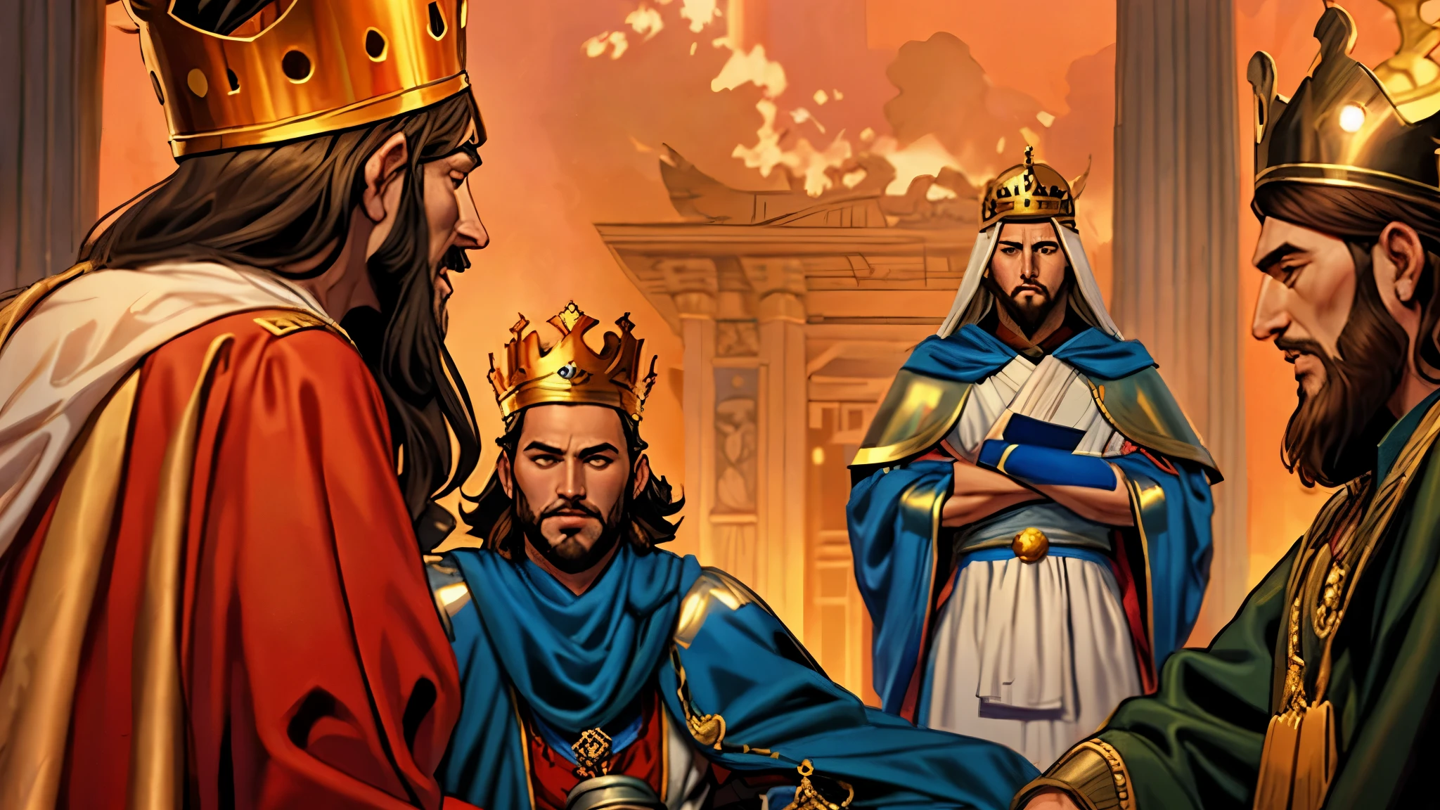 desenho animado estilo anime of three men in crowns sitting at a table, celebrating a king being crowned, granting him a noble title, bible illustration, crusader kings 3, ancient kings in white robes, royal family during an argument, king of kings, by karlkka, the king of thieves, many crowns!! upon his head, way of kings, age of empires, biblical costumes, biblical style, Babylonian style, estilo antigo, epic style, melhor qualidade, high resolution, arte digital, detalhes do rosto, marvel style comic book, estilo dc