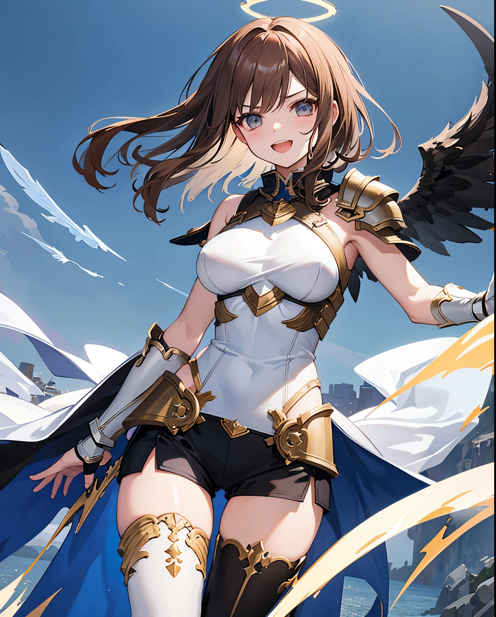 fantasy, 1angel_girl,, ,brown_hair, medium_bob_hair, long_bangs, halo,bare_shoulder,thighhighs,silver_armor, waist_armor, large_breasts,angry,grinning,open_mouth_teeth, 1pair_wings, dynamic_pose_fighting,floating, bare_crotch, headgear,gauntlet, greaves,city_sky_background,slightly_spread_legs, solo, groin_naked,