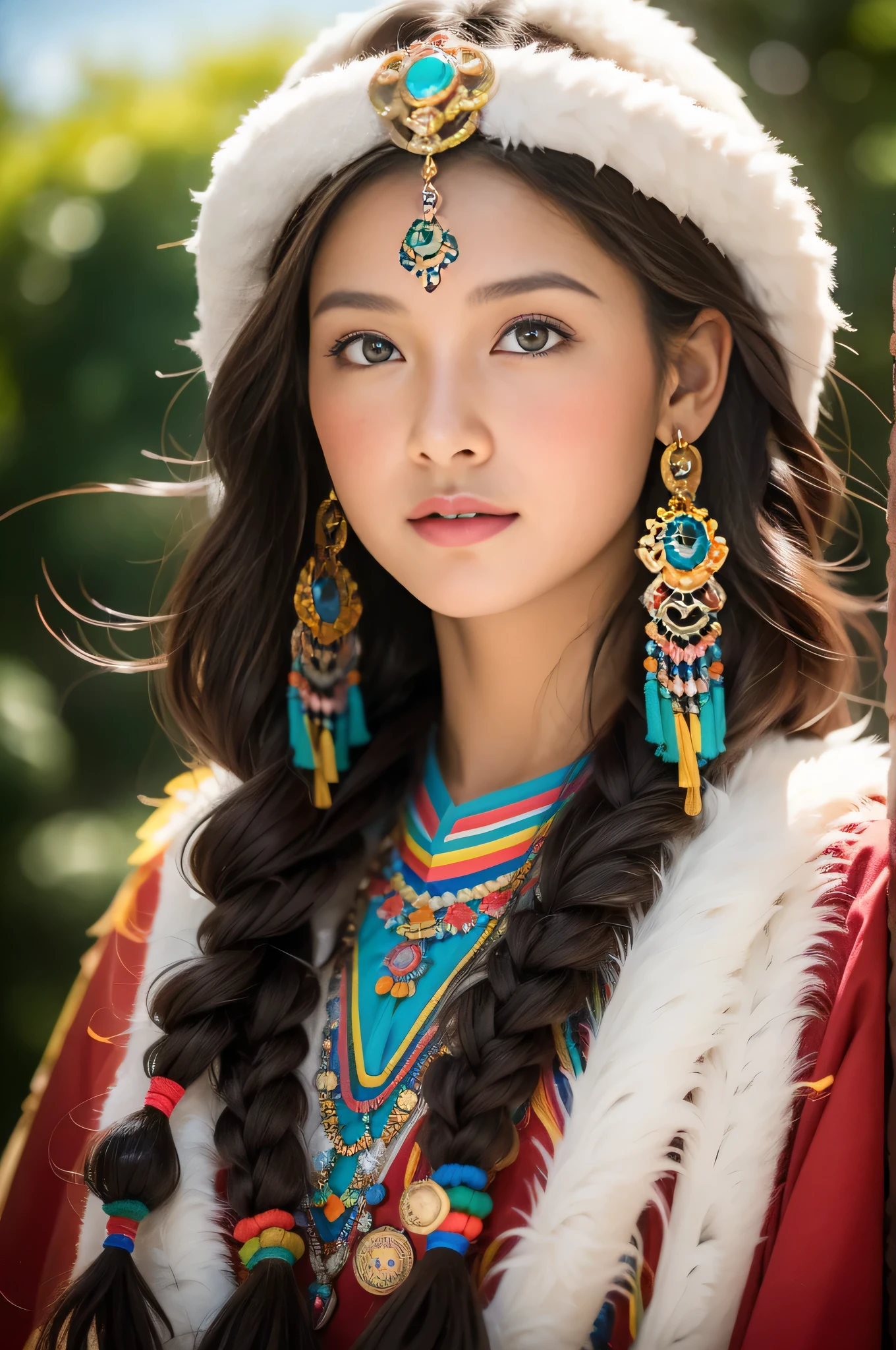 (best quality,8k,high resolution,masterpiece:1.2),(dark brown skin, textured skin, Highland blushed, sunburn, Tanned, sunspot), Beautiful Tibetan girl in Potala Palace, prayer flag，Potala Palace, Tibetan culture, Bright Eyes, Tibetan traditional art costumes, Tibetan robes, Tibetan headdress, hidden jewels, turquoise, amber, Observe the audience, Ultra-fine details, advanced. soft light, super detailed, high quality, bright colors, Bokeh, human development report, ultra high definition, Professional photography style.