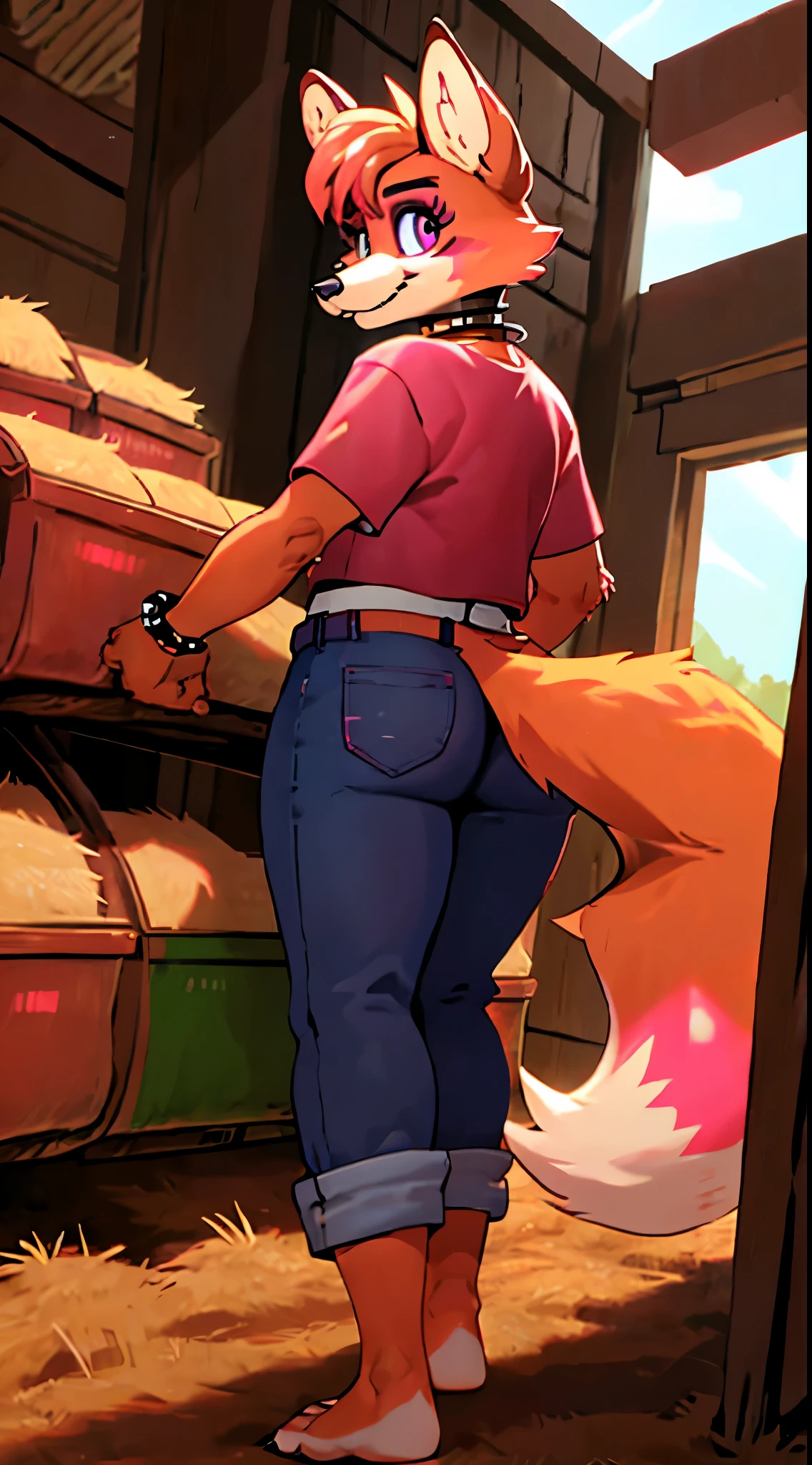  (((foxy_(fnaf), woman, antrum, extremely detailed, extremely detailed legs, extremely detailed arms, extremely detailed face, perfectly detailed eyes, perfectly detailed anatomy))): 1.2, solo, perspective, curved thighs, huge thighs, curvature, looking over the shoulder with embarrassed smile, (tail), thicc, alone, submissive, luminous pink eyes, dilated pupils, cropped jeans, cropped plaid shirt, farm, robot, animatronic, huge ass, facing away from camera, bare feet