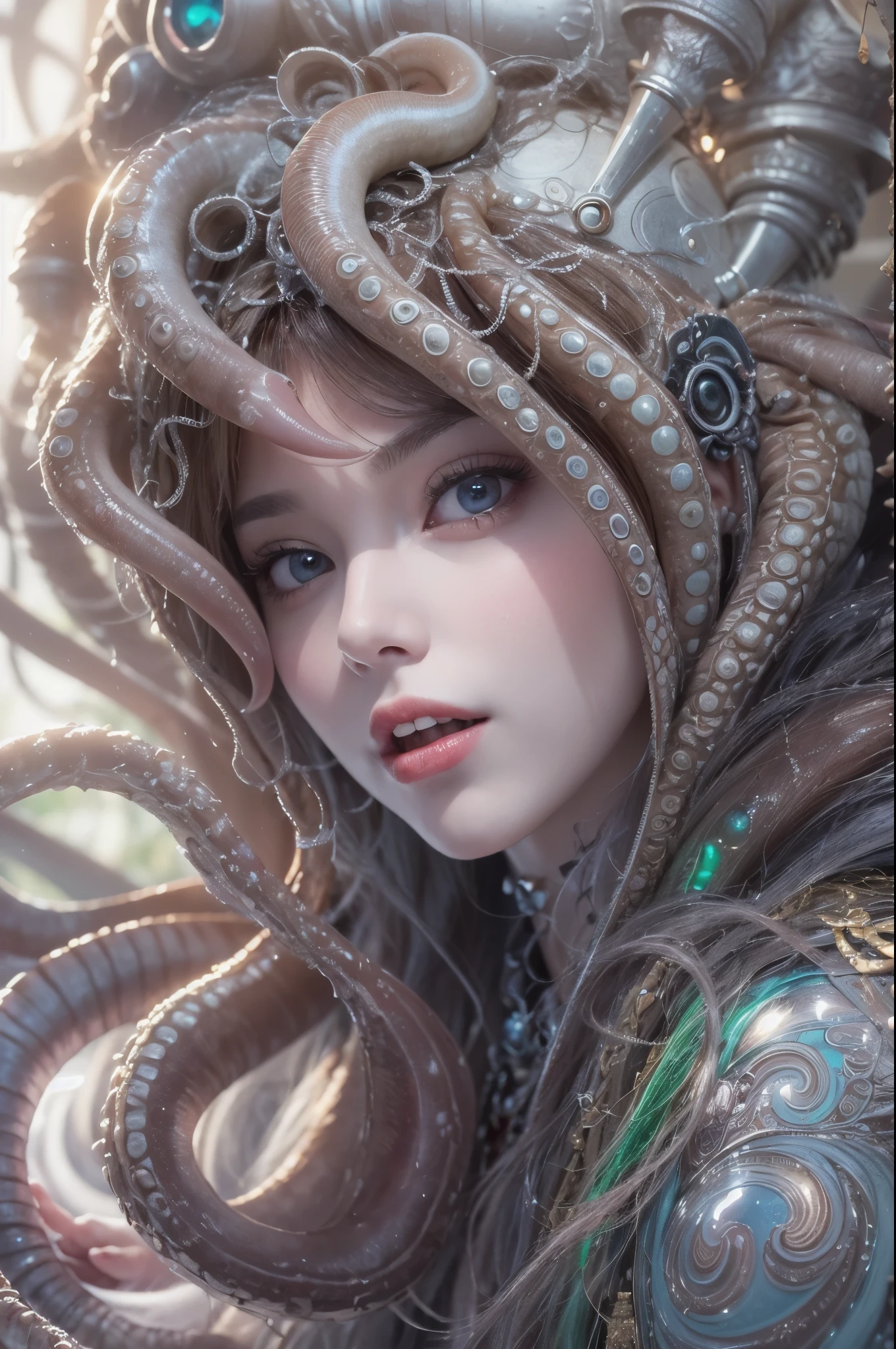 (A portrait of one beautiful and obscene female alien who is a young teenager:1.4), ((There is a female genital-like organ in the middle of her forehead:1.8)), (realistic face:1.2), (Numerous award-winning masterpieces, with incredible detail, textures and maximum detail), artistic photography, midnight aura, unreal engine 5, Ultra Sharp Focus, art by Amano Yoshitaka, ArtGerm, Roisch, intricate artwork, ultra realistic realism, high resolution, High freshness, drawing faithfully, official art, Unity 8K Wall paper, ultra detailed artistic photography, dream-like, Creation of fantasy, dream Snail, (biopunk nautilus:1.3),Thrilling color schemes, seductively smiling, Amazing mutation, well-proportioned body, goddess of the deep sea, fractal, Geometric pattern, impossible figures, (translucent white tentacles with luminescent organs:1.4), subtle emerald green accents, (smiling seductively:1.3),(She has the most beautiful face in the history of the universe:1.5), Penelope Cruz, (she is looking down at viewers with glowing iridescent eyes with no pupils:1.3), an evil gaze that seduces, cinematic lighting, (Vampire-like long canine teeth can be glimpsed through the gap between the cute lips:1.3), in the hall of the palace, Sweet breath is exhaling from beautiful lips, ecstatic expression