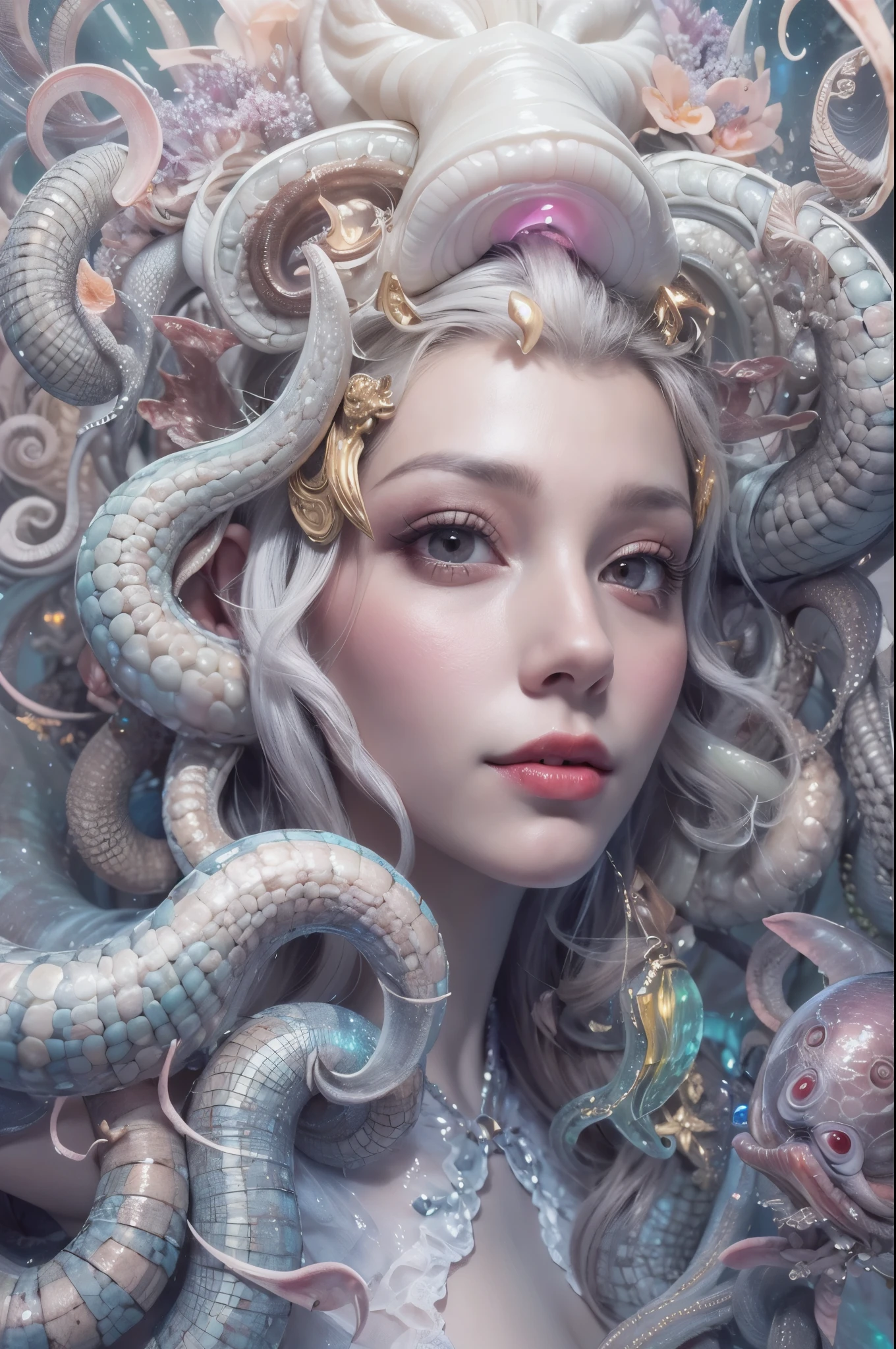 (A portrait of one beautiful and obscene female alien who is a young teenager:1.4), ((There is a female genital-like organ in the middle of her forehead:1.8)), (realistic face:1.2), (Numerous award-winning masterpieces, with incredible detail, textures and maximum detail), artistic photography, midnight aura, unreal engine 5, Ultra Sharp Focus, art by Amano Yoshitaka, ArtGerm, Roisch, intricate artwork, ultra realistic realism, high resolution, High freshness, drawing faithfully, official art, Unity 8K Wall paper, ultra detailed artistic photography, dream-like, Creation of fantasy, dream Snail, (biopunk nautilus:1.3),Thrilling color schemes, seductively smiling, Amazing mutation, well-proportioned body, goddess of the deep sea, fractal, Geometric pattern, impossible figures, (translucent white tentacles with luminescent organs:1.4), subtle emerald green accents, (smiling seductively:1.3),(She has the most beautiful face in the history of the universe:1.5), Penelope Cruz, (she is looking down at viewers with glowing iridescent eyes with no pupils:1.3), an evil gaze that seduces, cinematic lighting, (Vampire-like long canine teeth can be glimpsed through the gap between the cute lips:1.3), in the hall of the palace, Sweet breath is exhaling from beautiful lips, ecstatic expression