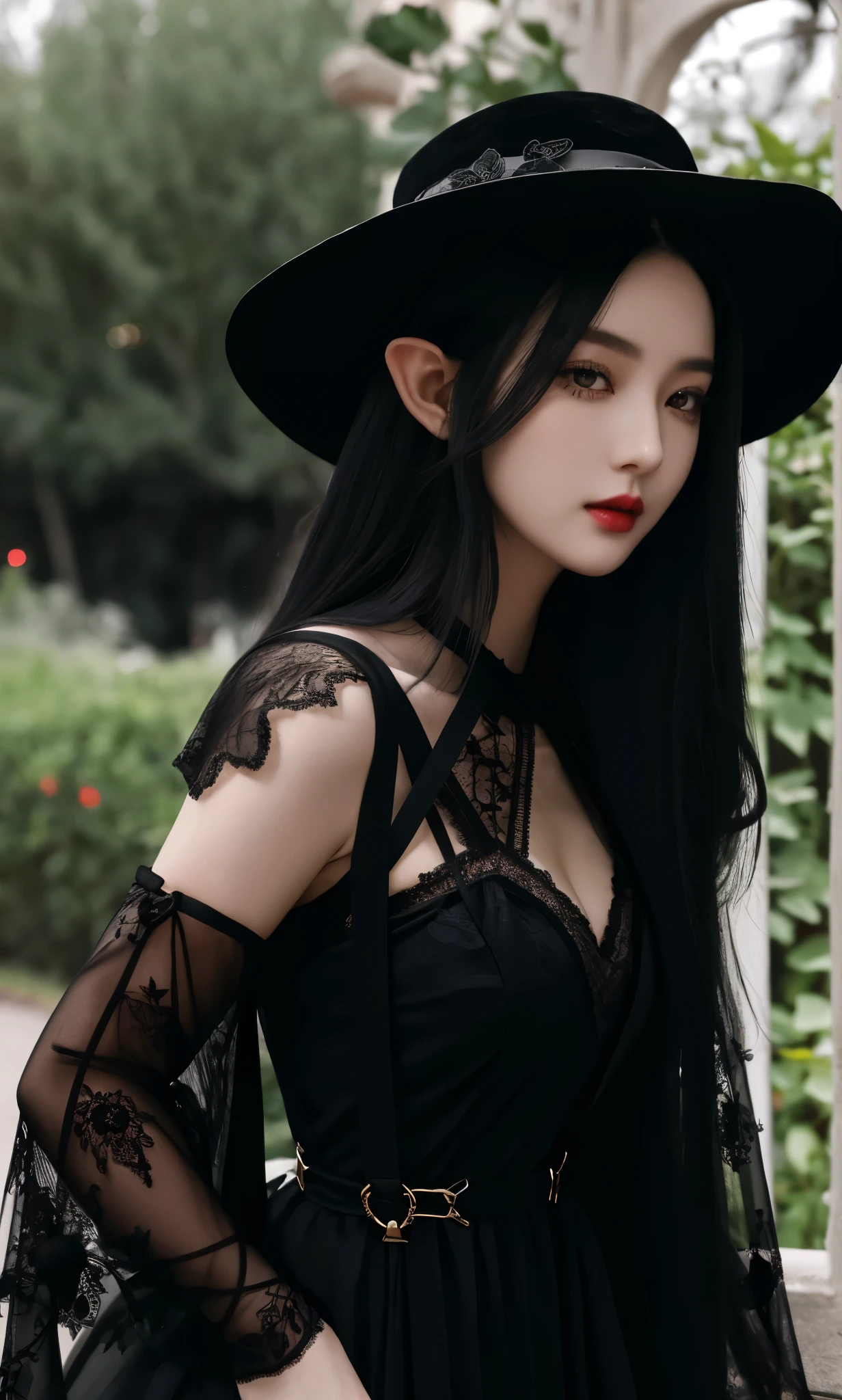 long black hair,close up,dream world,Elf royal sister,long black hair凌乱的发丝,Nice red eyes,ruins background,Black Rose Garden,grace,Manicure,Huge wide-brimmed black hat,(Black lady hat),necklace,humanoid,Baroque, Her skin is very white, fair complexion,(Black lace long dress,Black lace suspenders),pointed toe high heels,