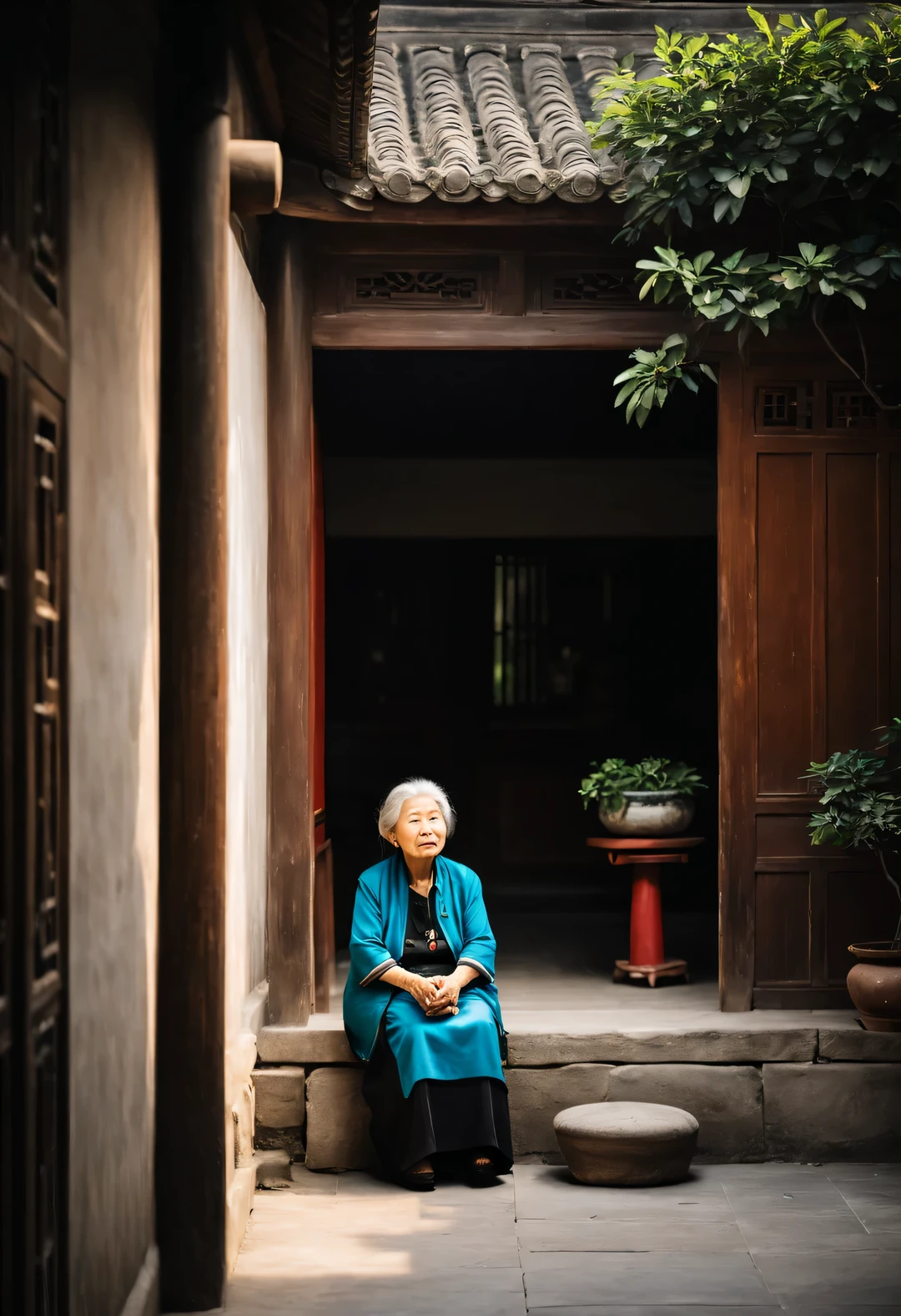 Vintage photography style ,An old Chinese grandmother waits anxiously,Deep in the courtyard,High contrast lighting,Depth of field and people in the distance